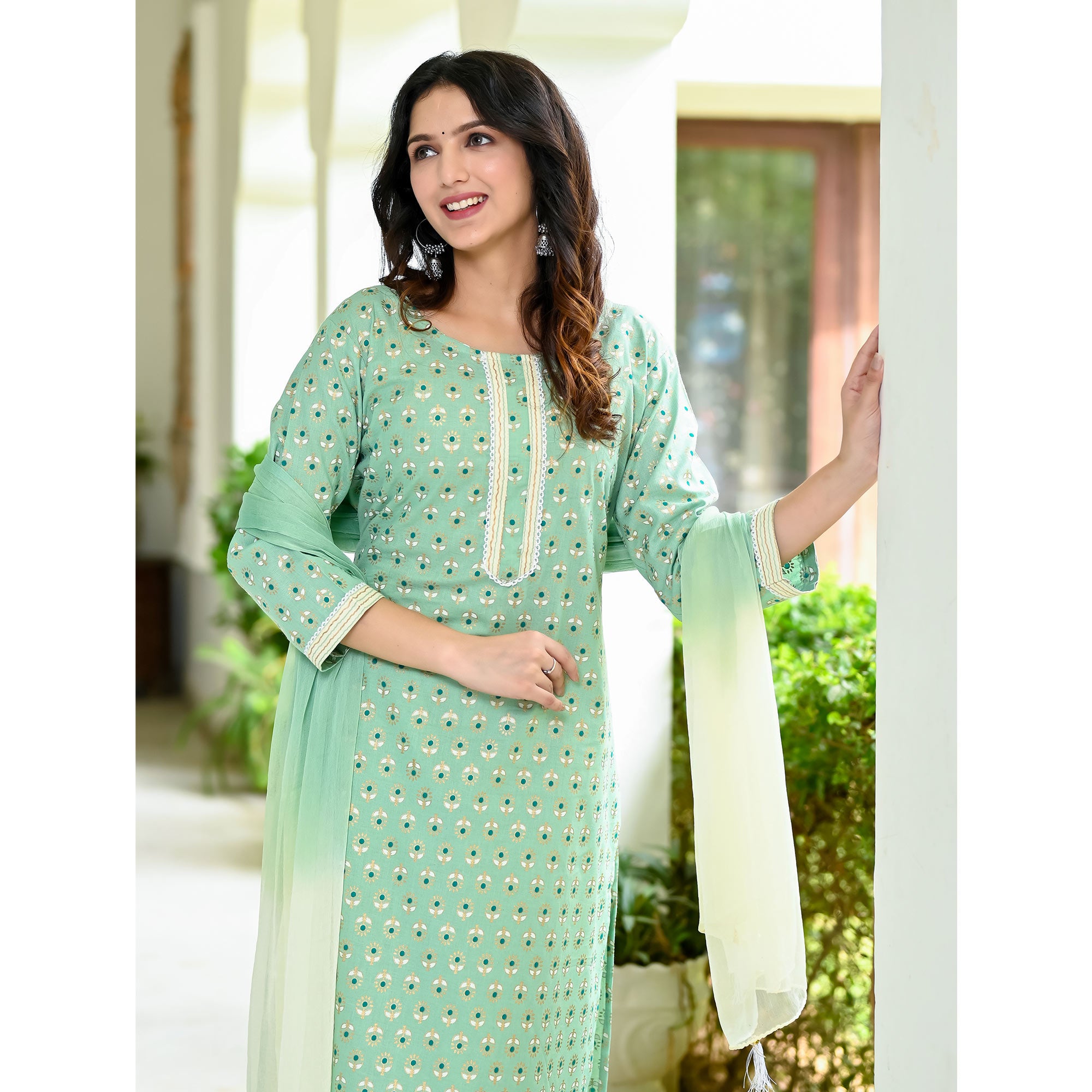 Green Floral Foil Printed Pure Cotton Suit