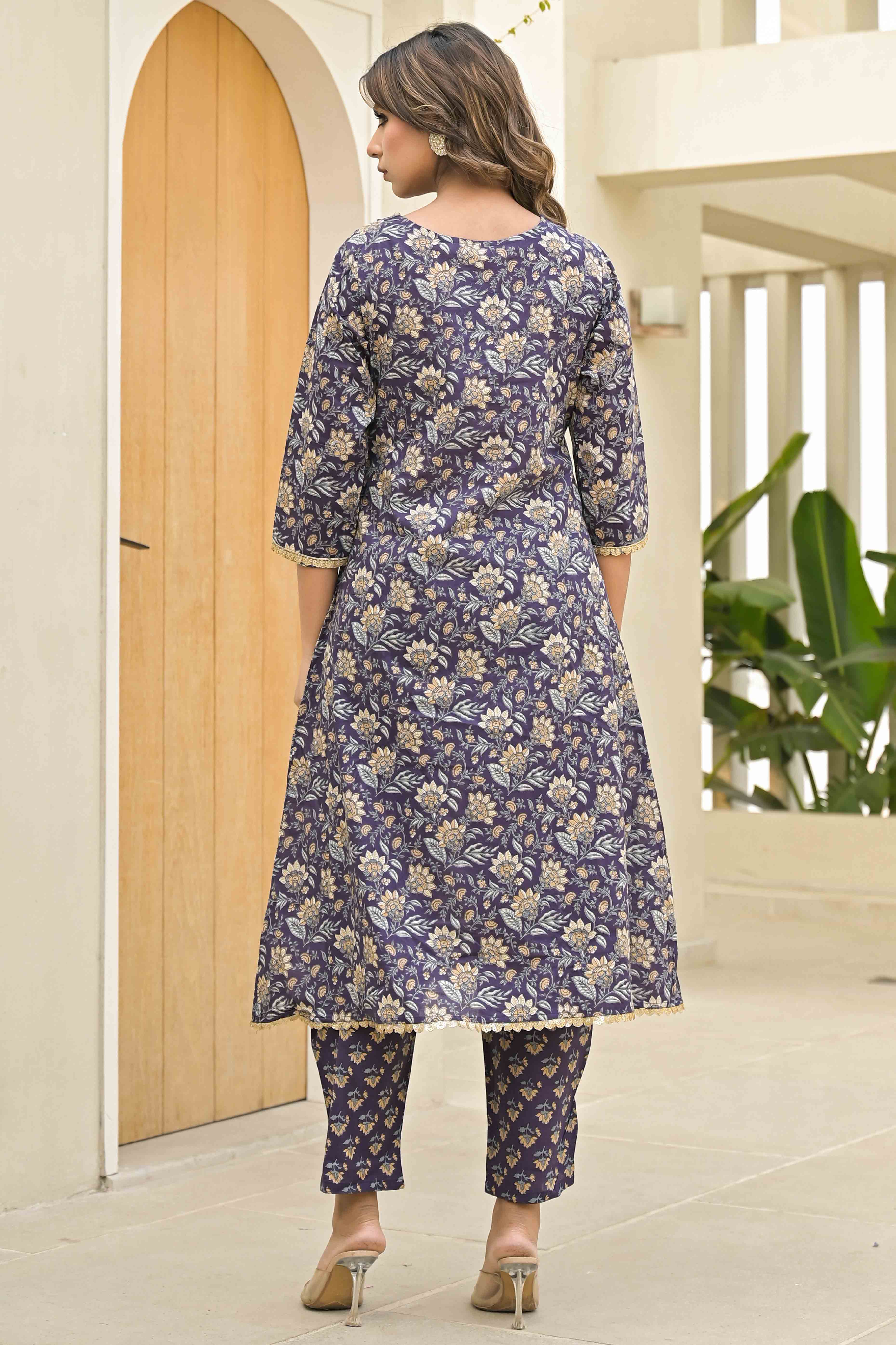 Wine Floral Printed Pure Cotton A-Line Salwar Suit