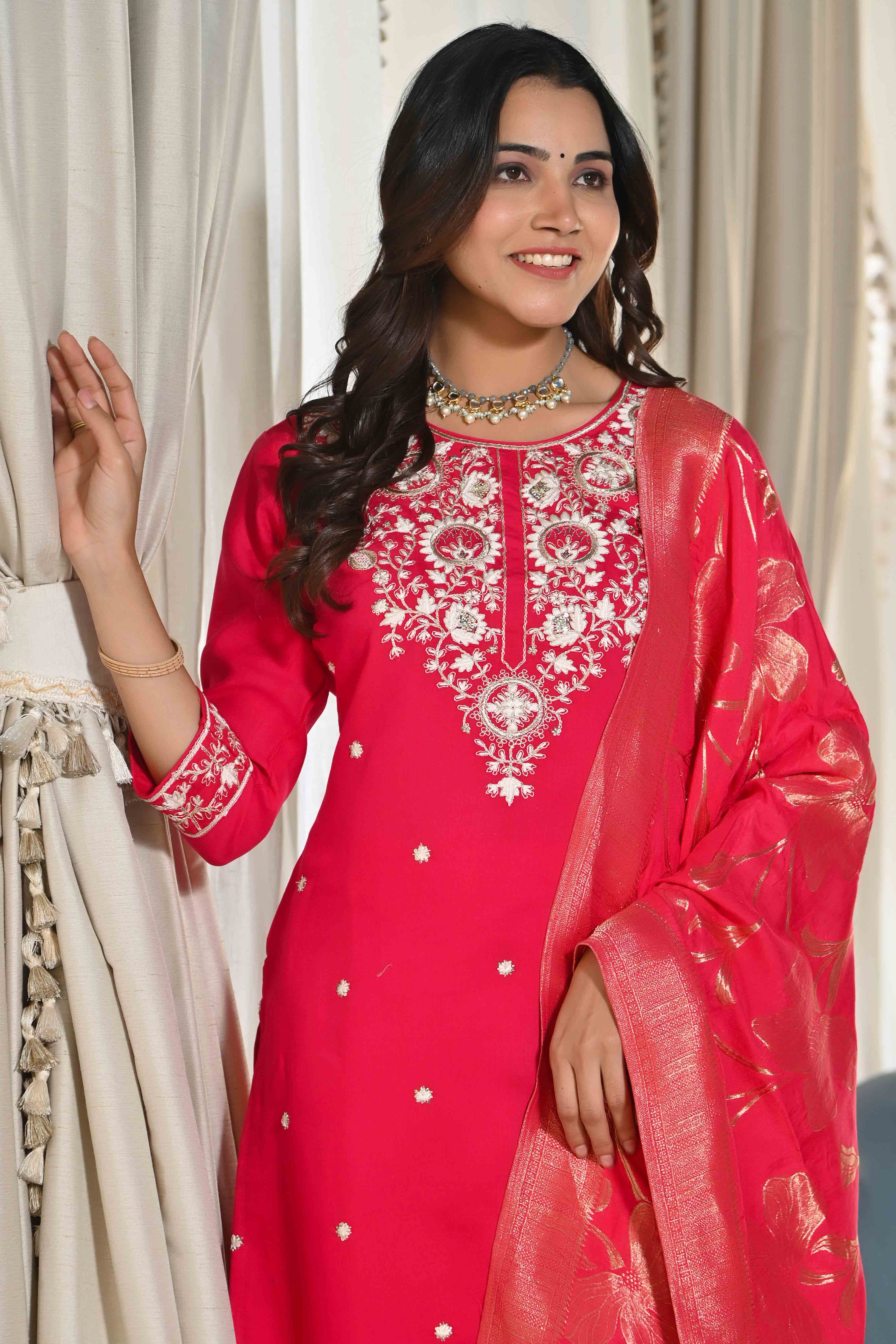 Pink Sequins Embroidered Cotton Silk Salwar Suit