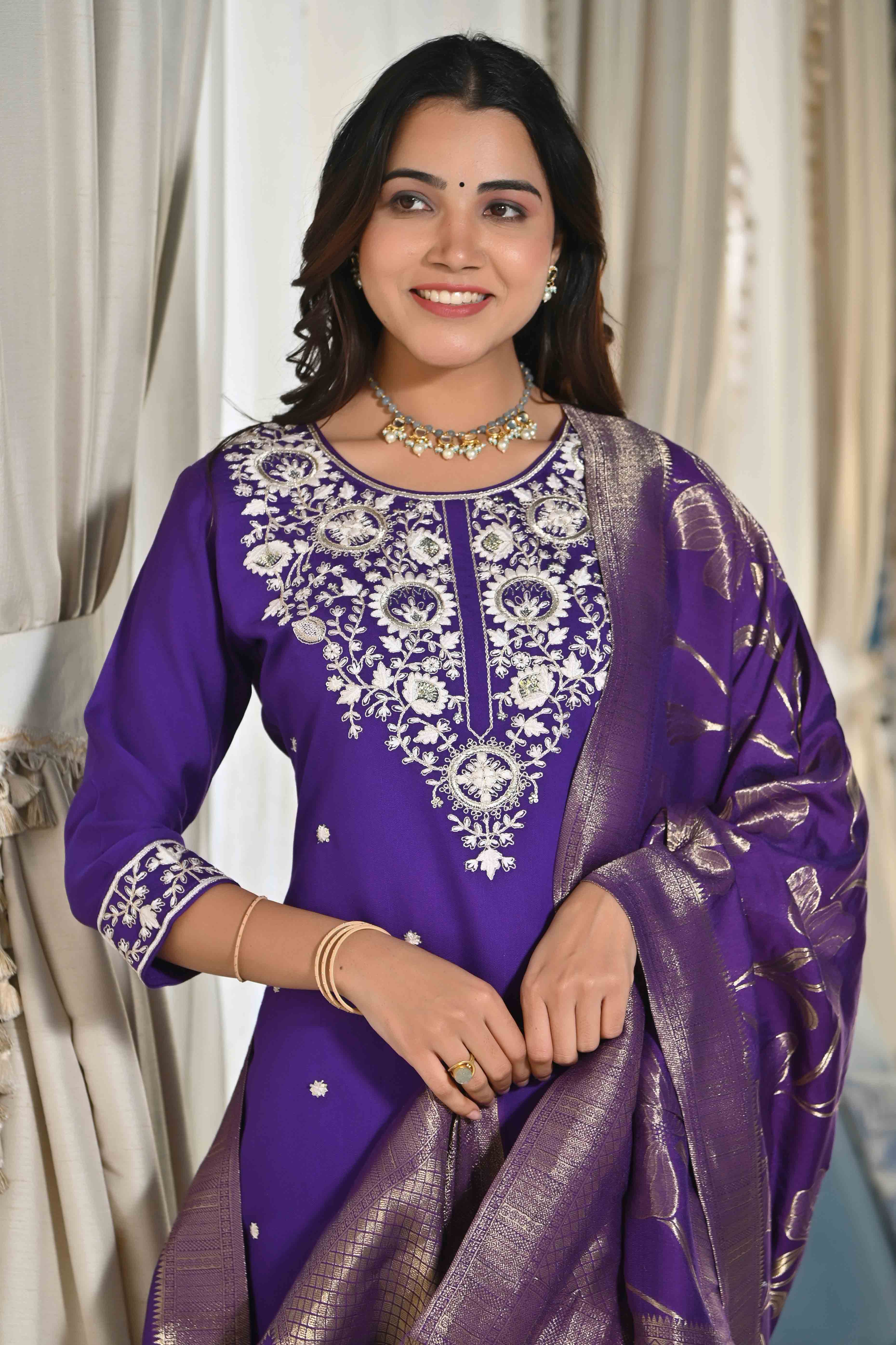 Violet Sequins Embroidered Cotton Silk Salwar Suit