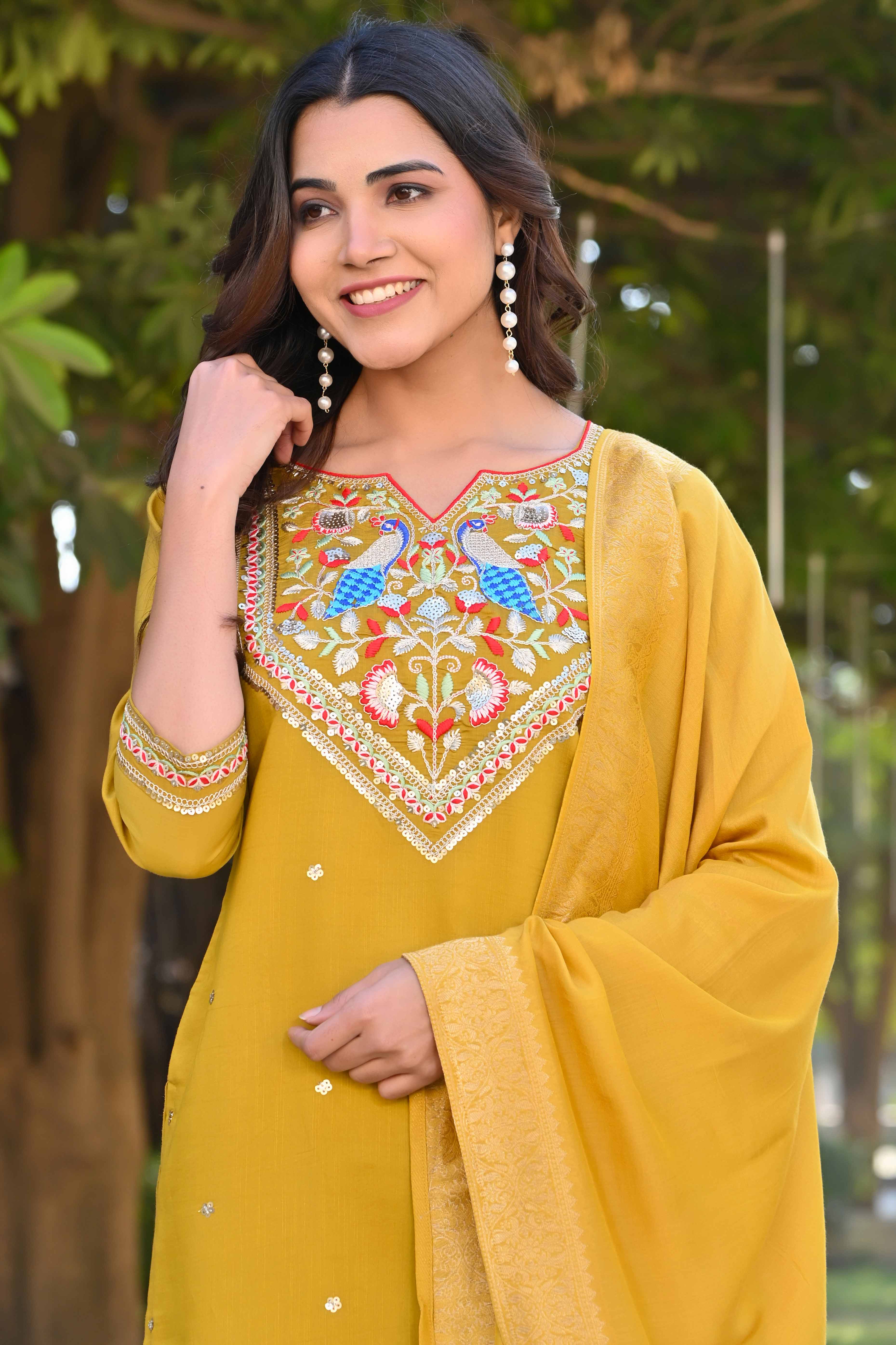 Mustard Sequins Embroidered Viscose Salwar Suit