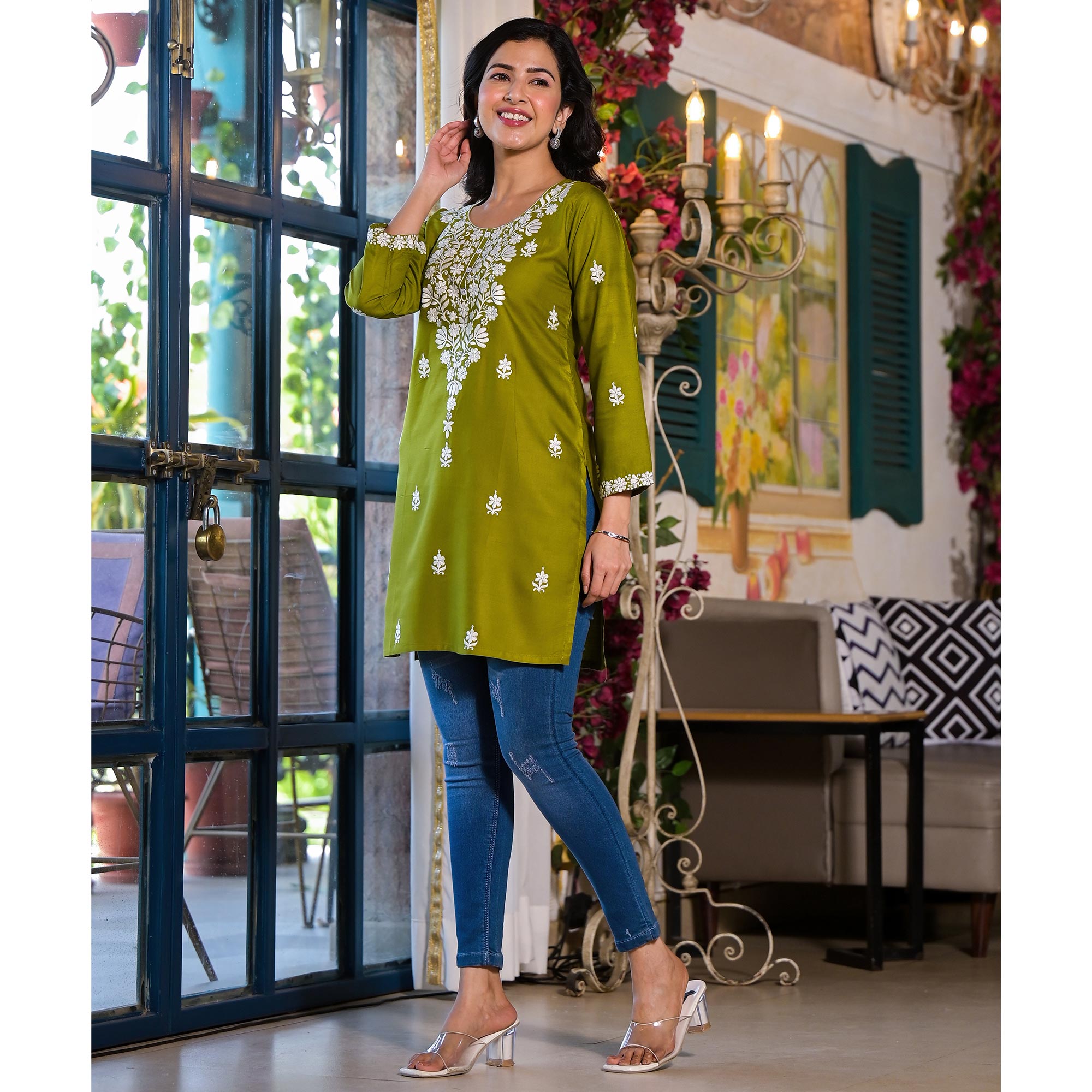 Green Embroidered Rayon Straight Top