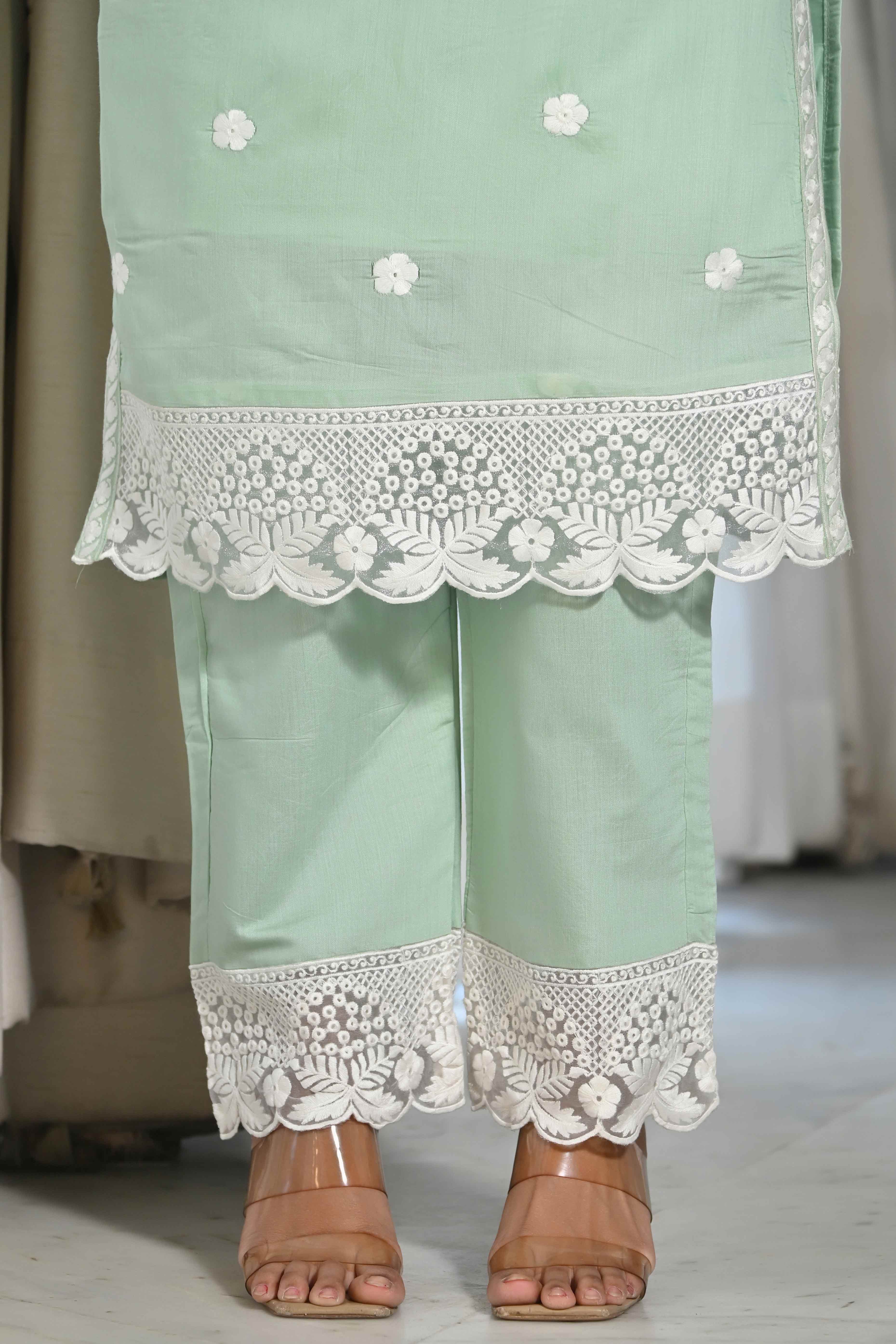 Sea Green Floral Embroidered Chanderi Kurti Pant Set