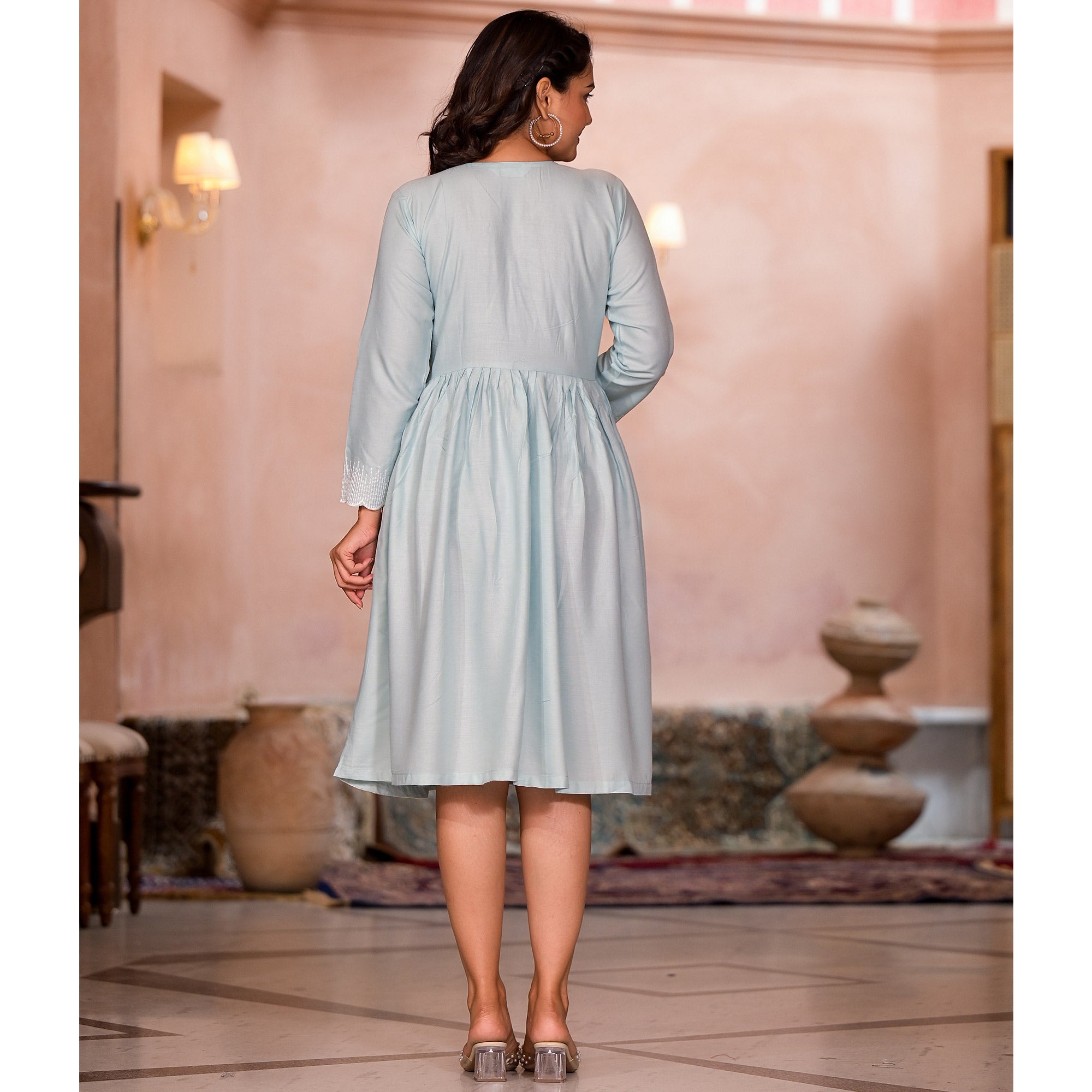 Light Turquoise Embroidered Rayon A-Line Dress