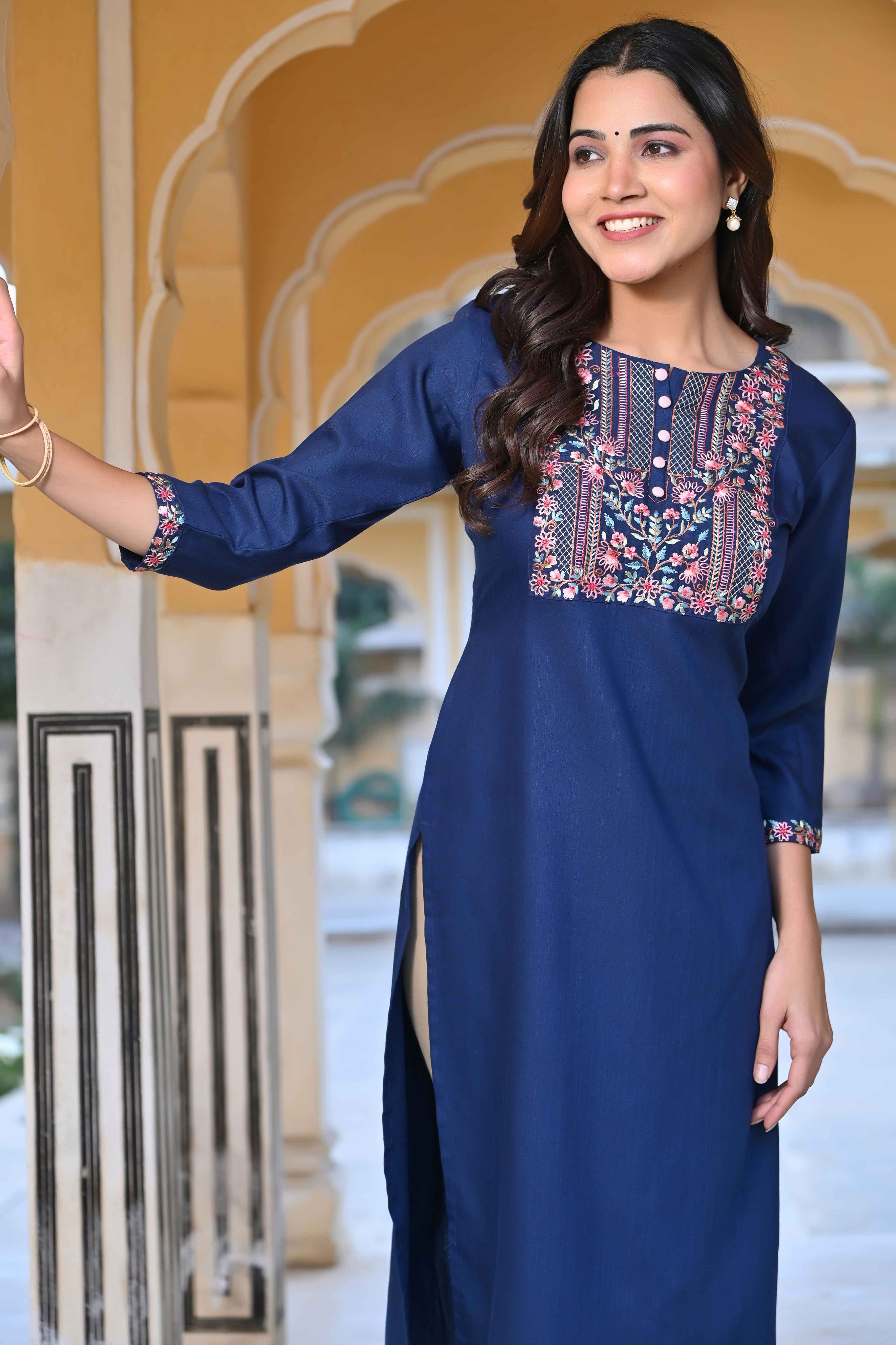 Blue Yoke Embroidered Rayon Slub Straight Kurti