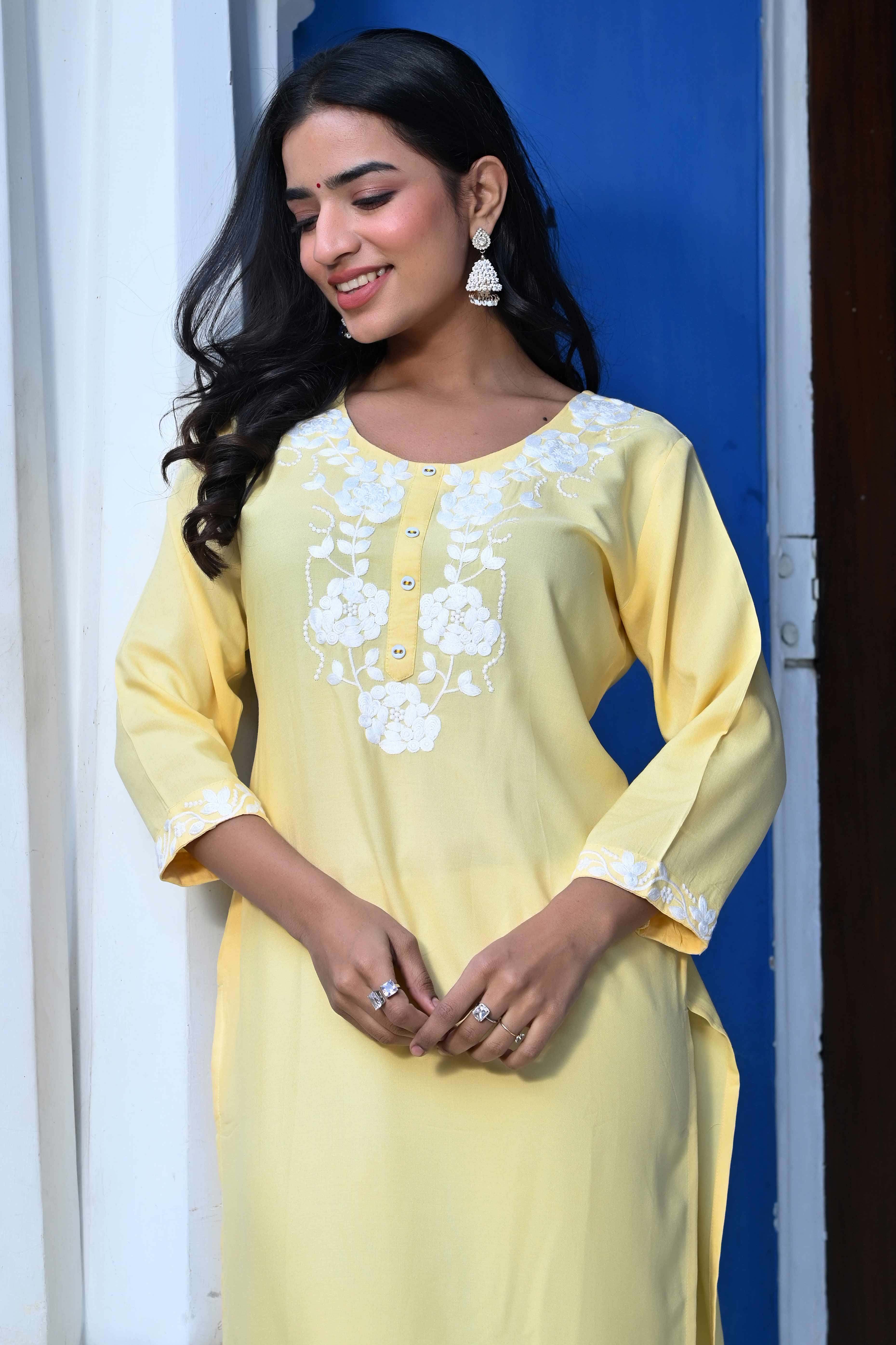 Yellow Embroidered Rayon Straight Kurti