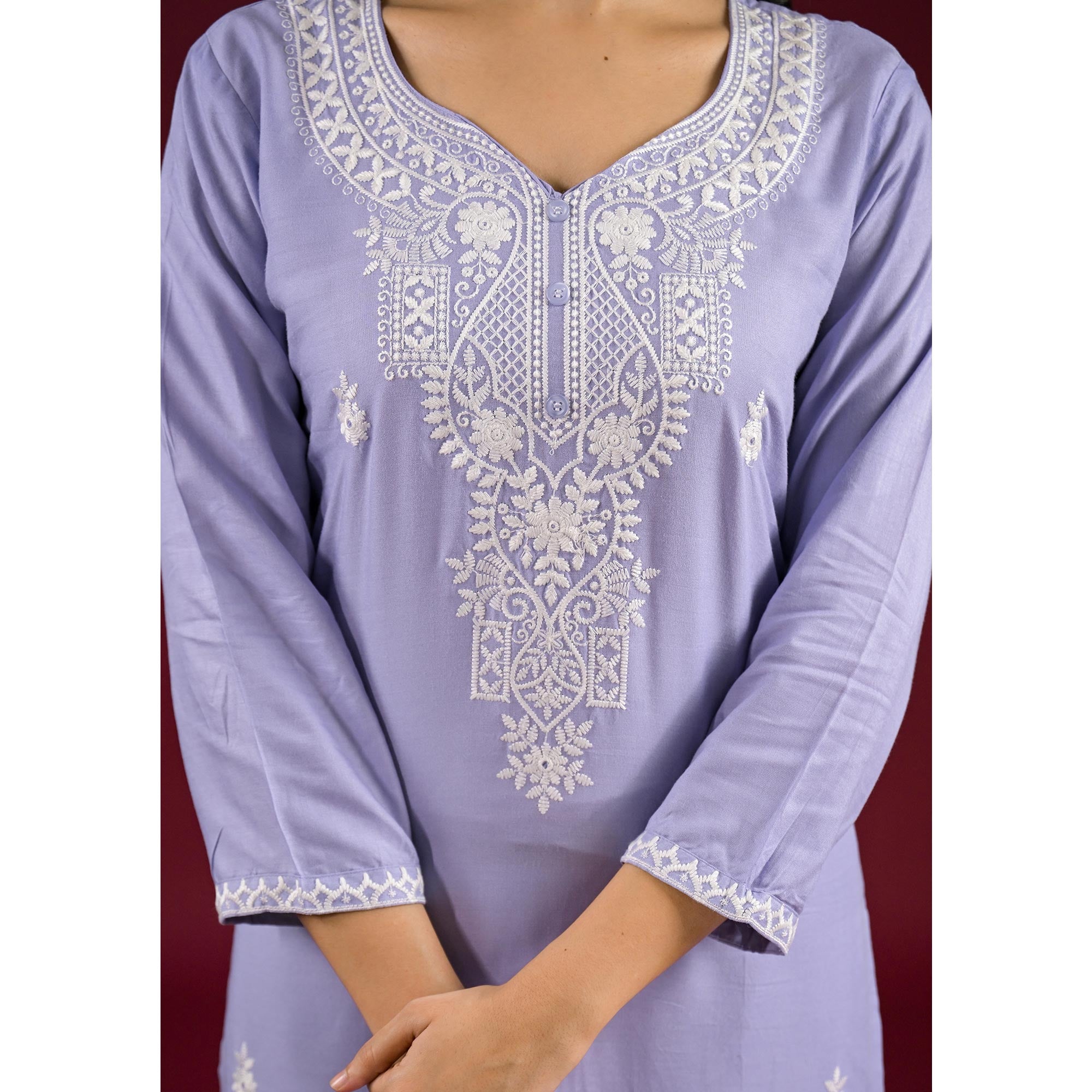 Bluish Lavender Floral Embroidered Rayon Salwar Suit