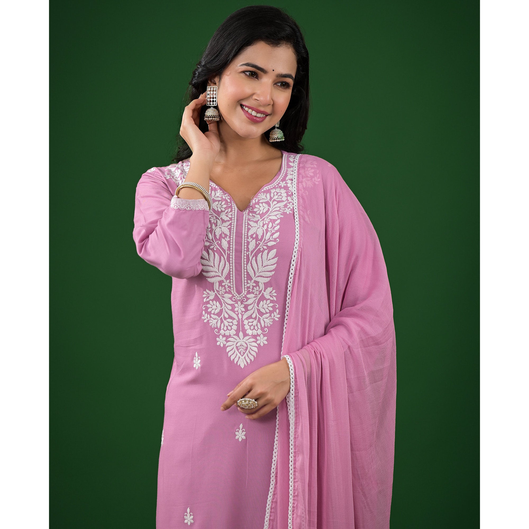 Pink Floral Embroidered Rayon Salwar Suit