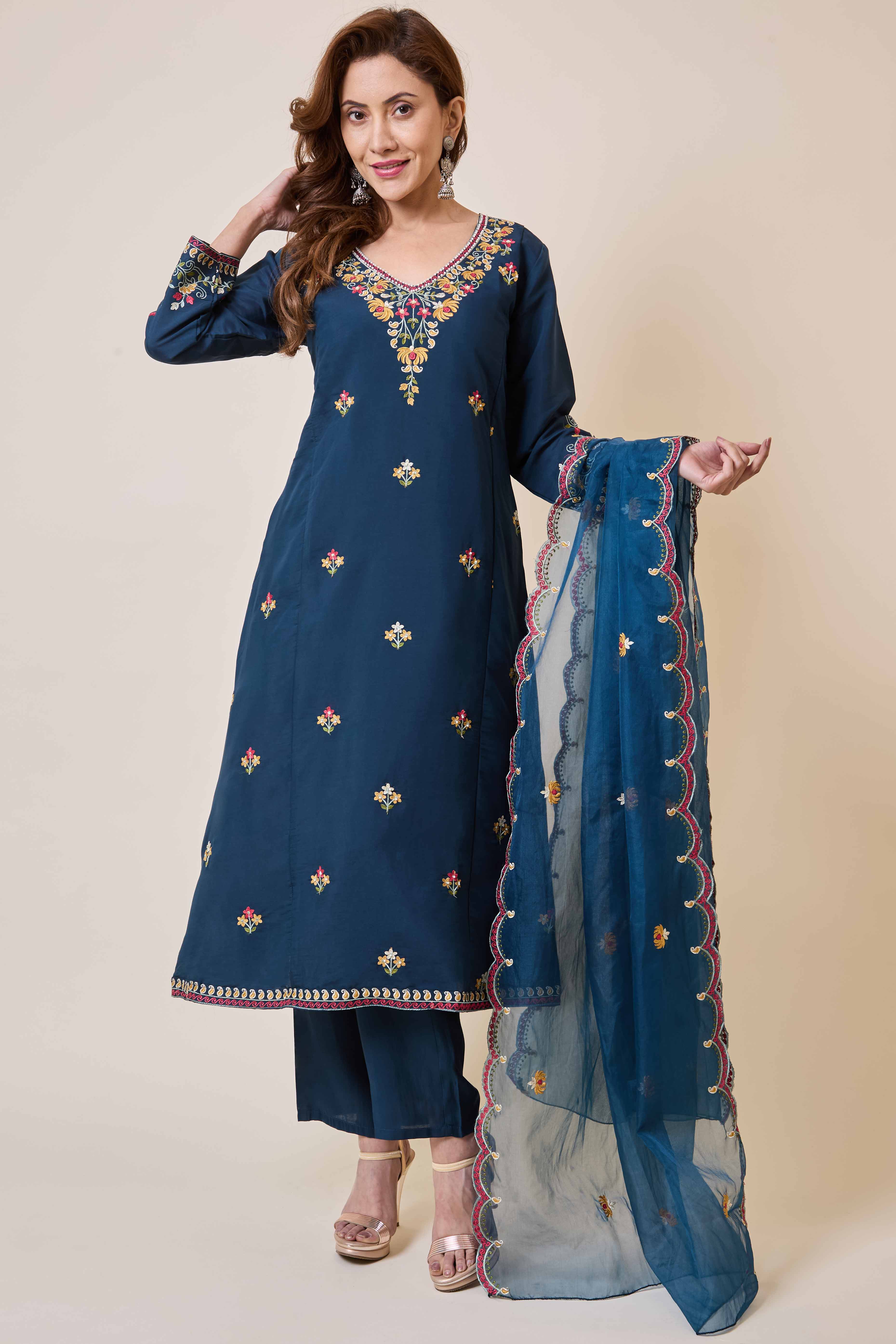 Prussian Blue Floral Hand Work Embroidered Chanderi Salwar Suit