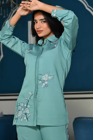 Sea Green Floral Hand Work Embroidered Chanderi Co-Ord Set