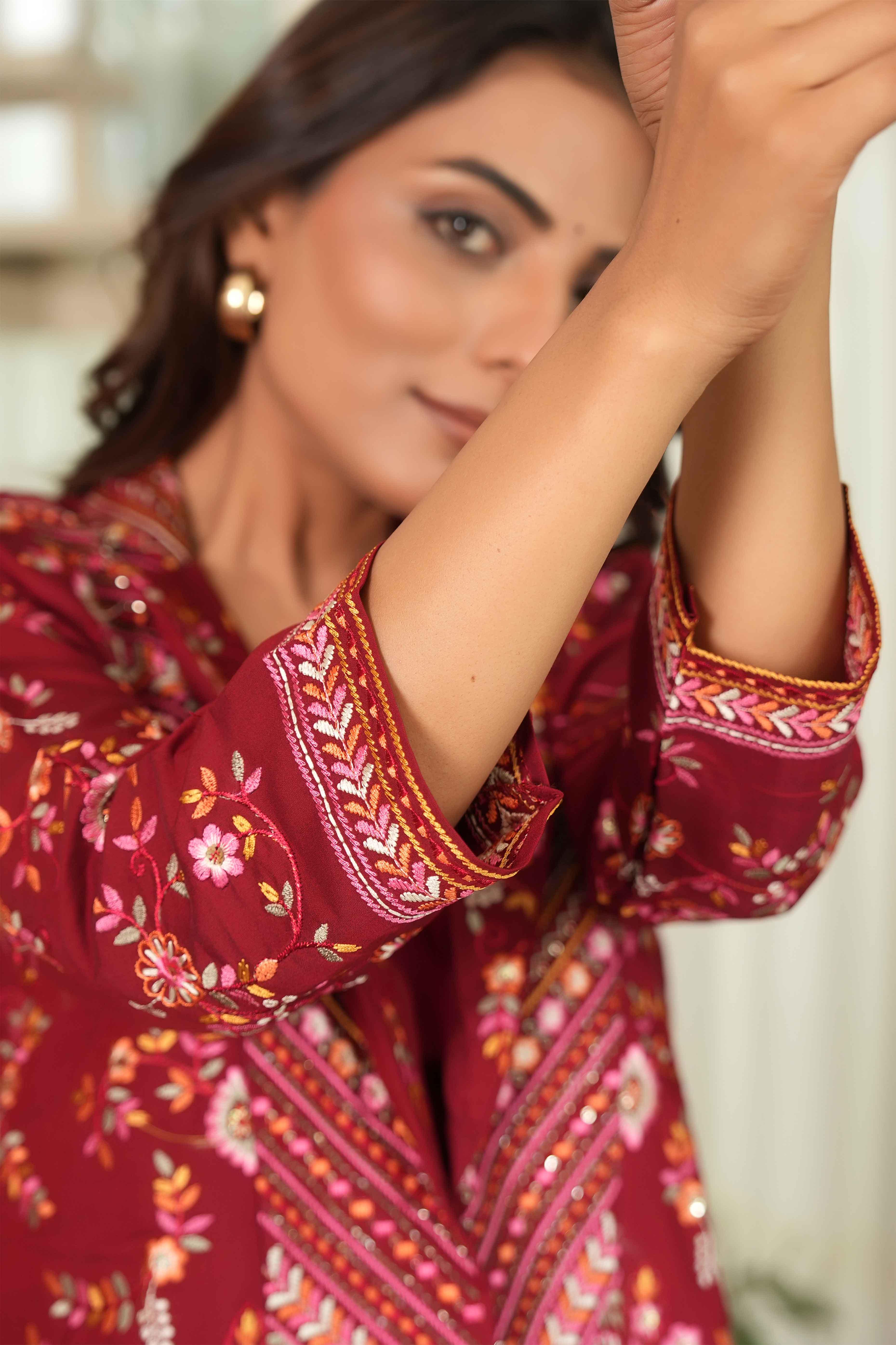 Maroon Solid Co-Ord Ensemble in Chanderi Silk with Heavily Embroidered Coat