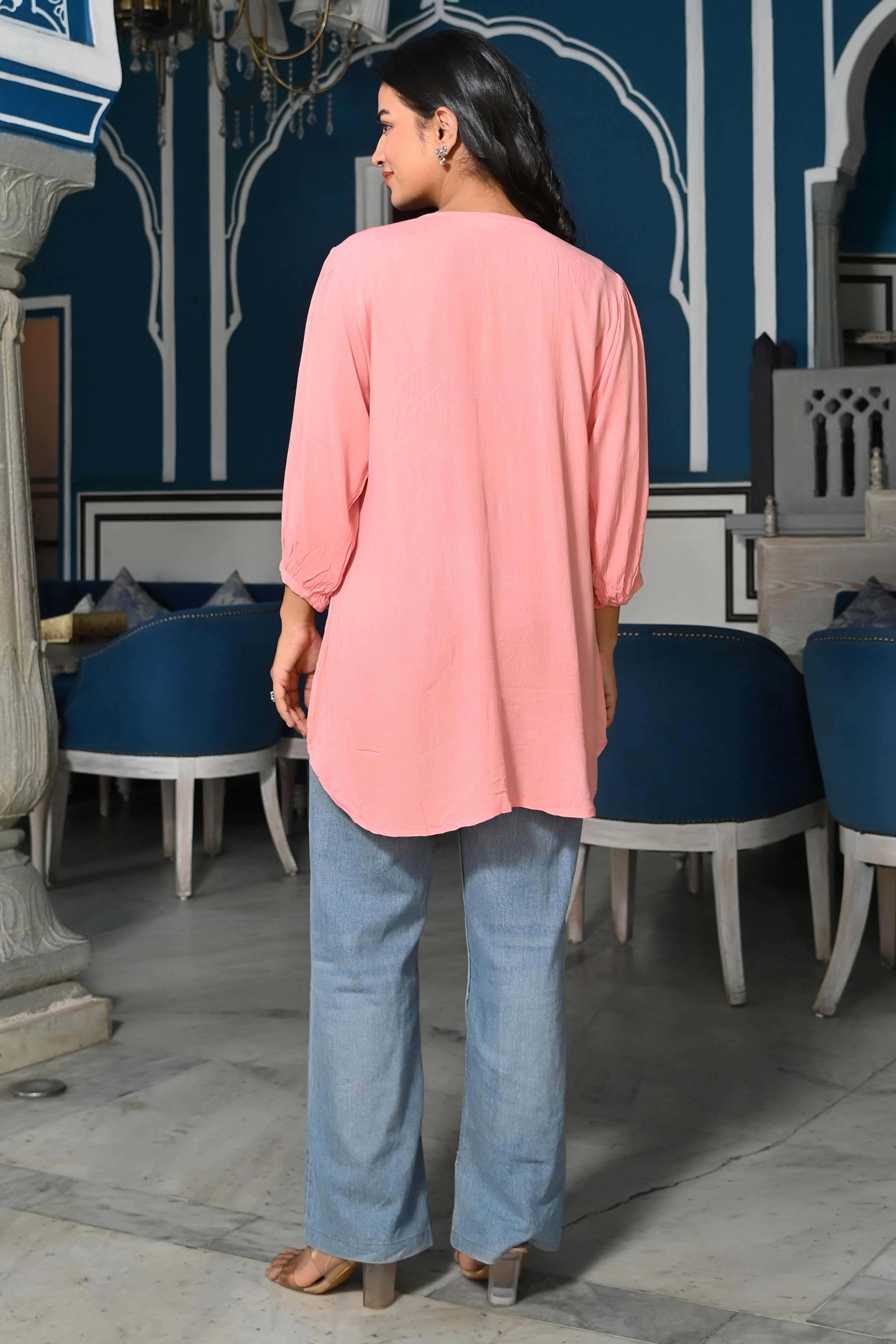 Pink Floral Embroidered Rayon Rinkal Top