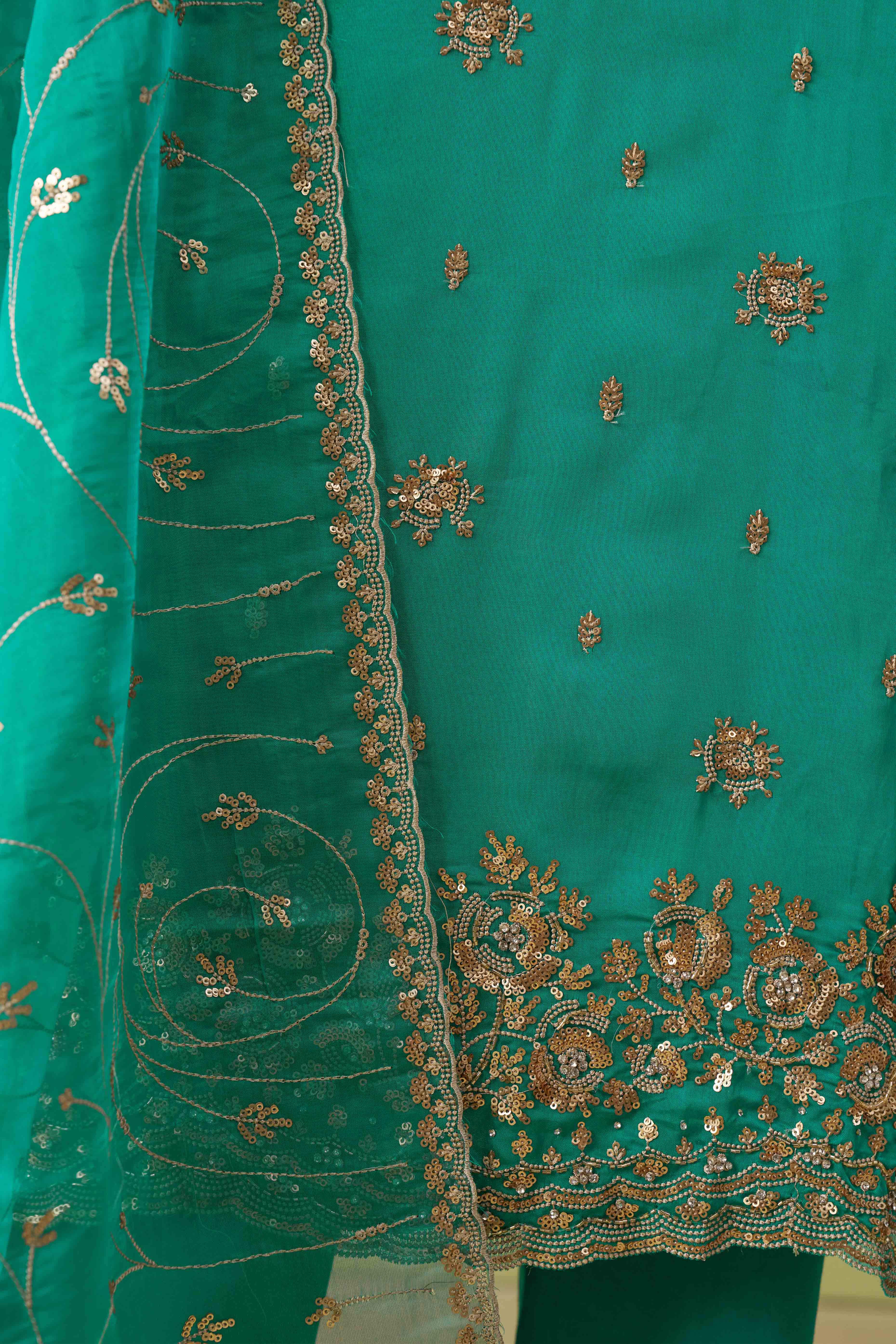 Turquoise Sequins Embroidery With Stonework Organza Shimmer Semi Stitched Suit