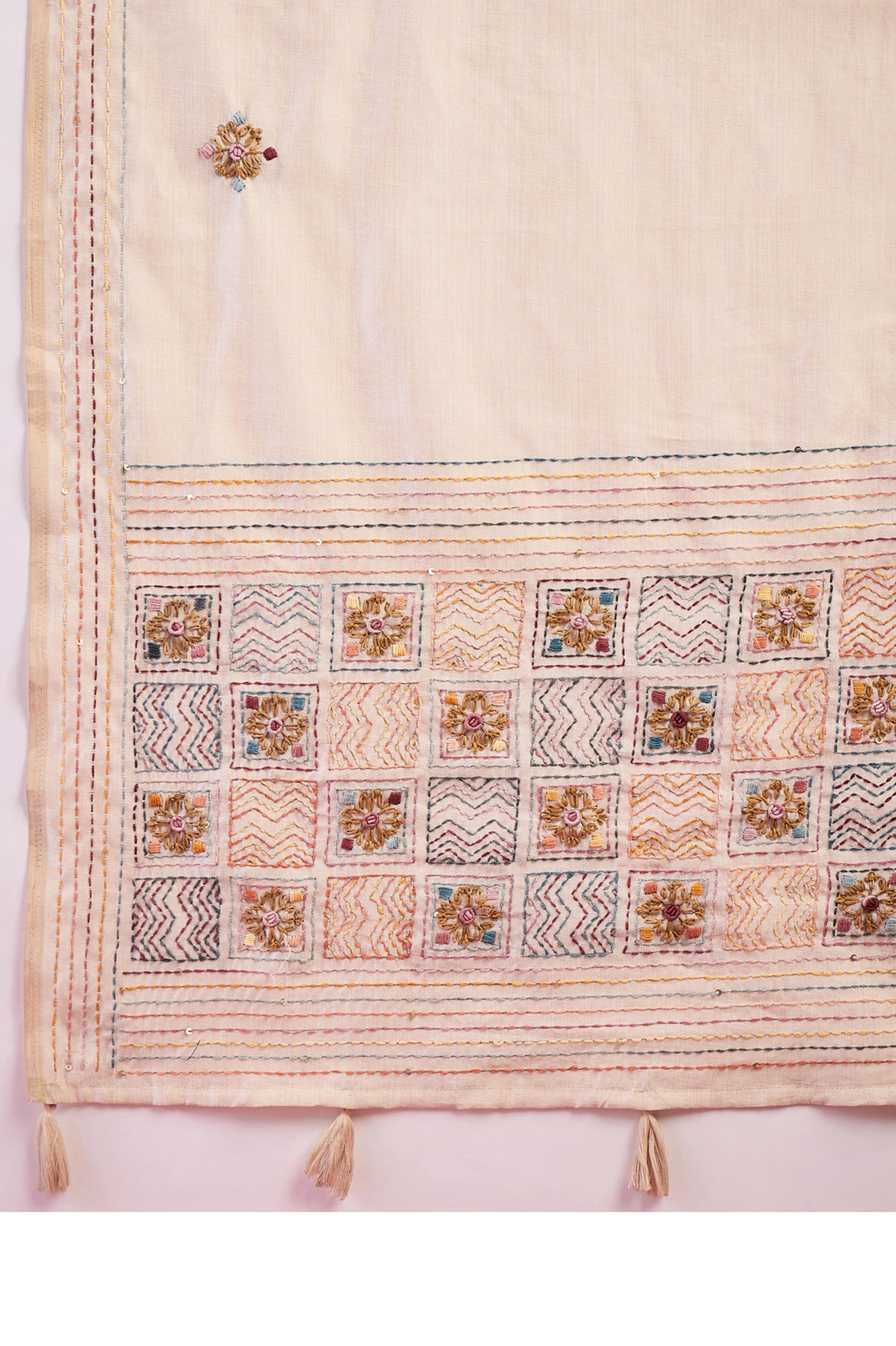 Cream Classic Tussar Silk Saree with Intricate Thread Work Embellishment