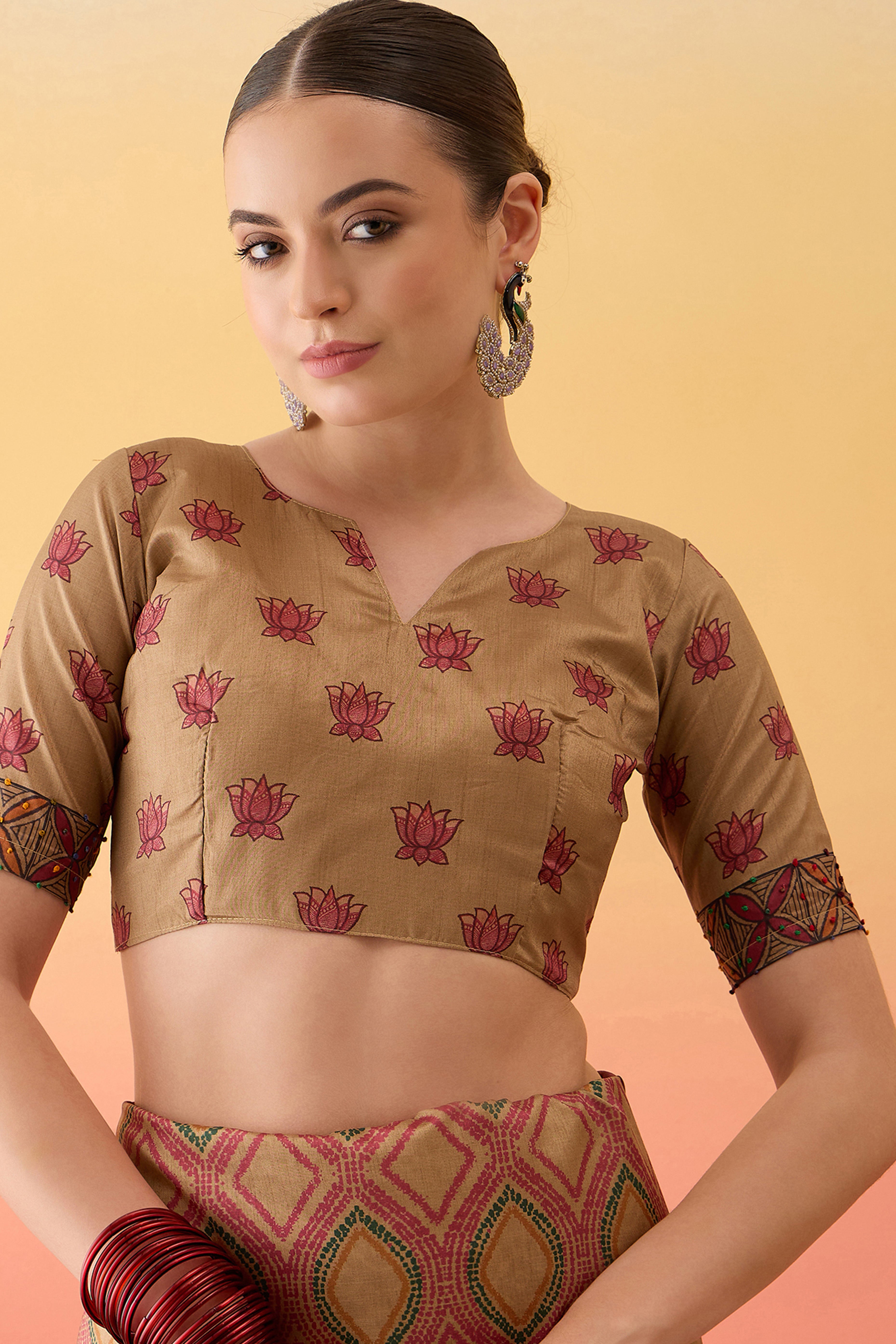 Beige Kalamkari Style Printed Cotton Silk Saree Knot Work Tassels Ethnic Wear