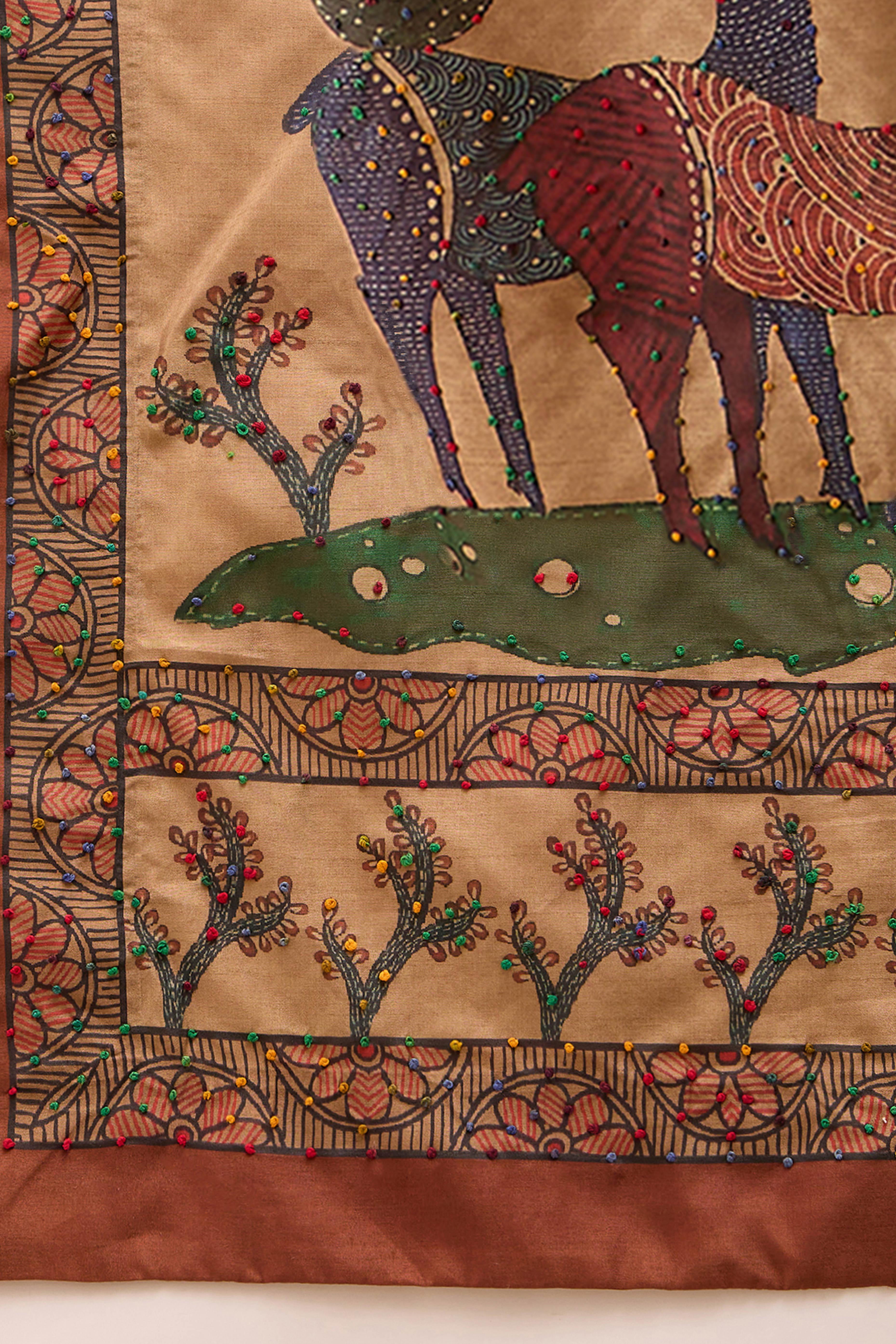 Beige Cotton Silk Saree Traditional Kalamkari Style Print Knot Work Ethnic Elegance