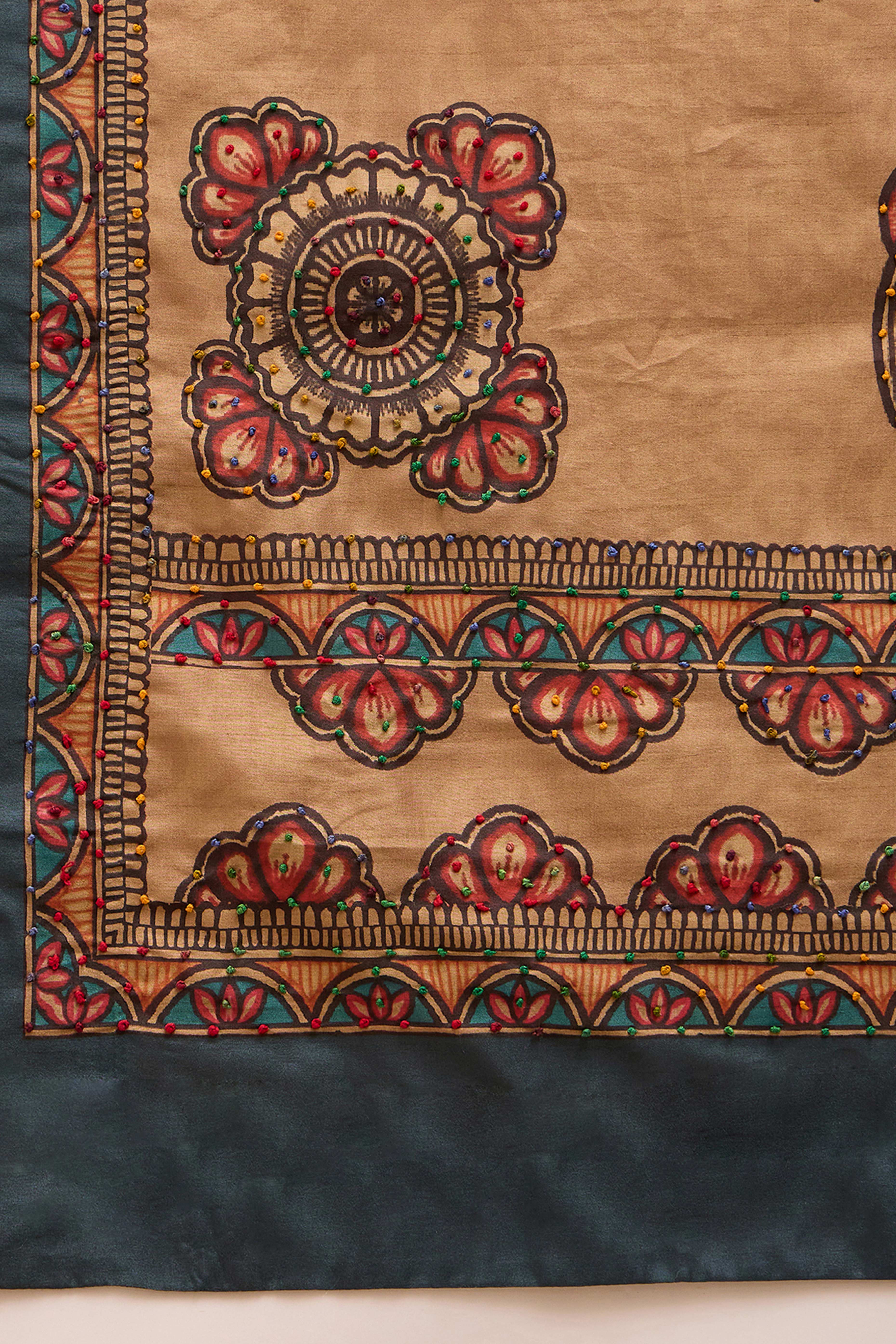 Grey Printed Kalamkari Cotton Silk Saree Exquisite Knot Work Detailing Ethnic Charm