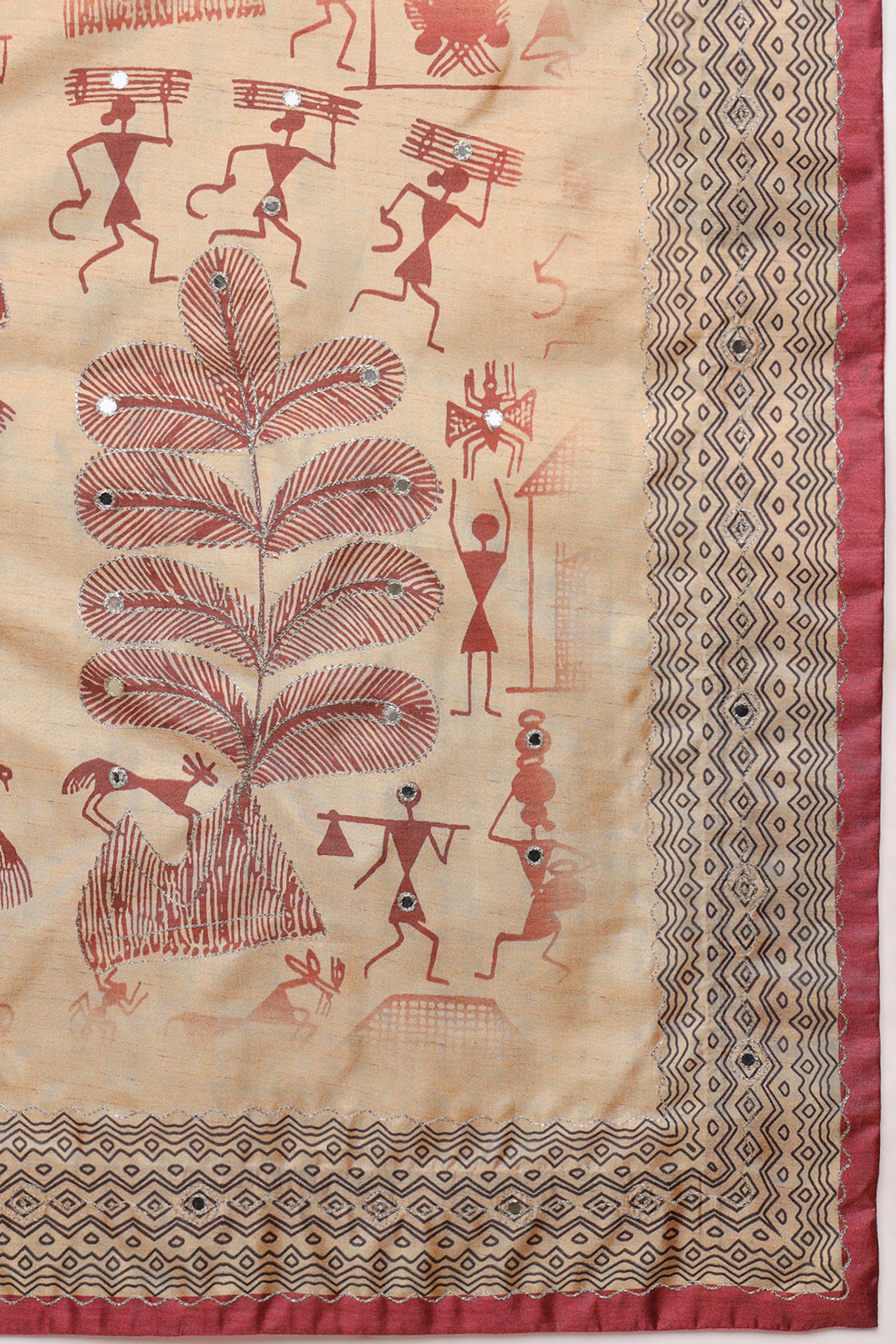 Red Warli Folk Art Printed Cotton Silk Saree Flowy Drape Festive Wear
