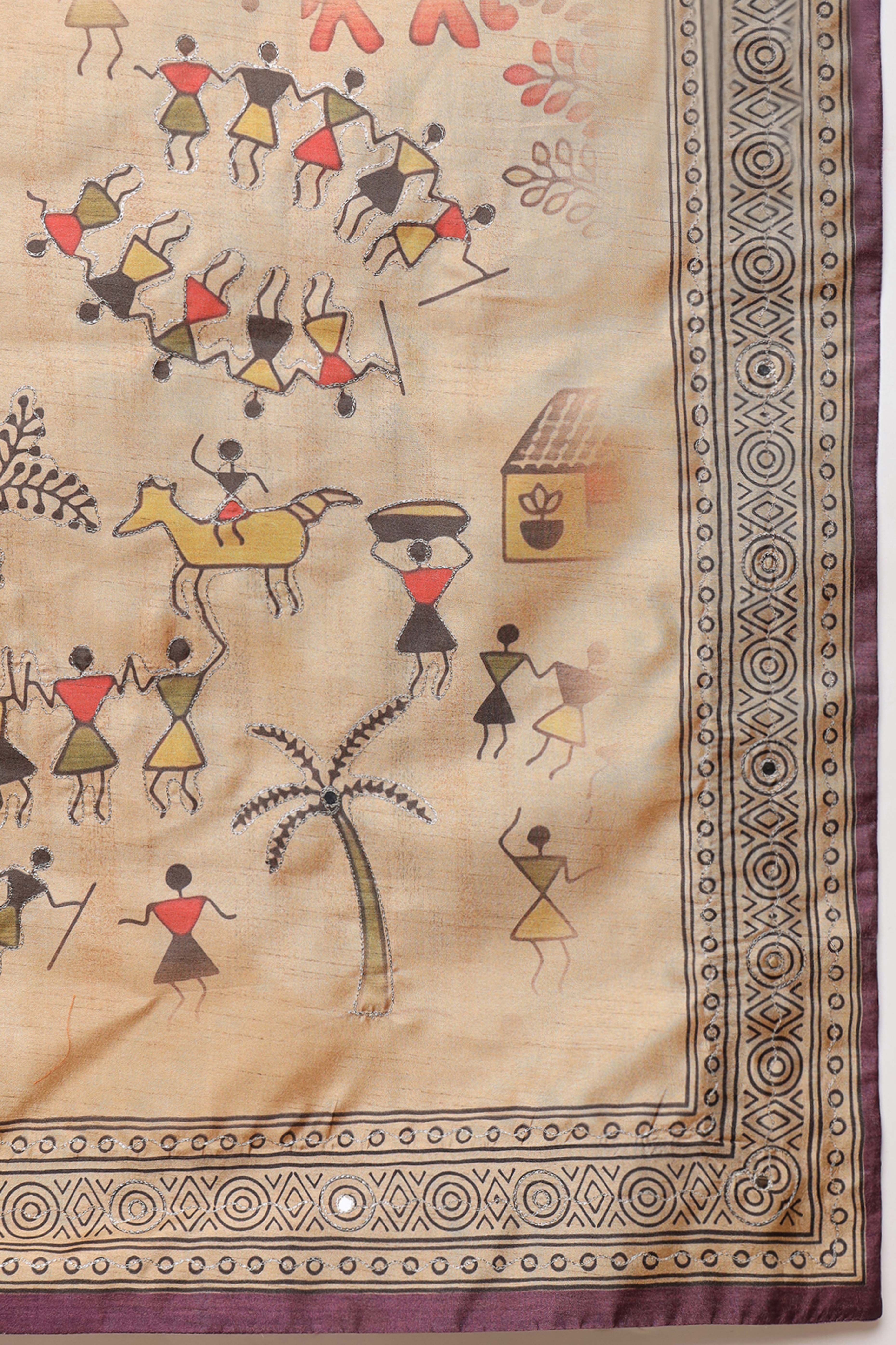 Wine Warli Folk Art Printed Cotton Silk Saree Flowy Drape Festive Wear