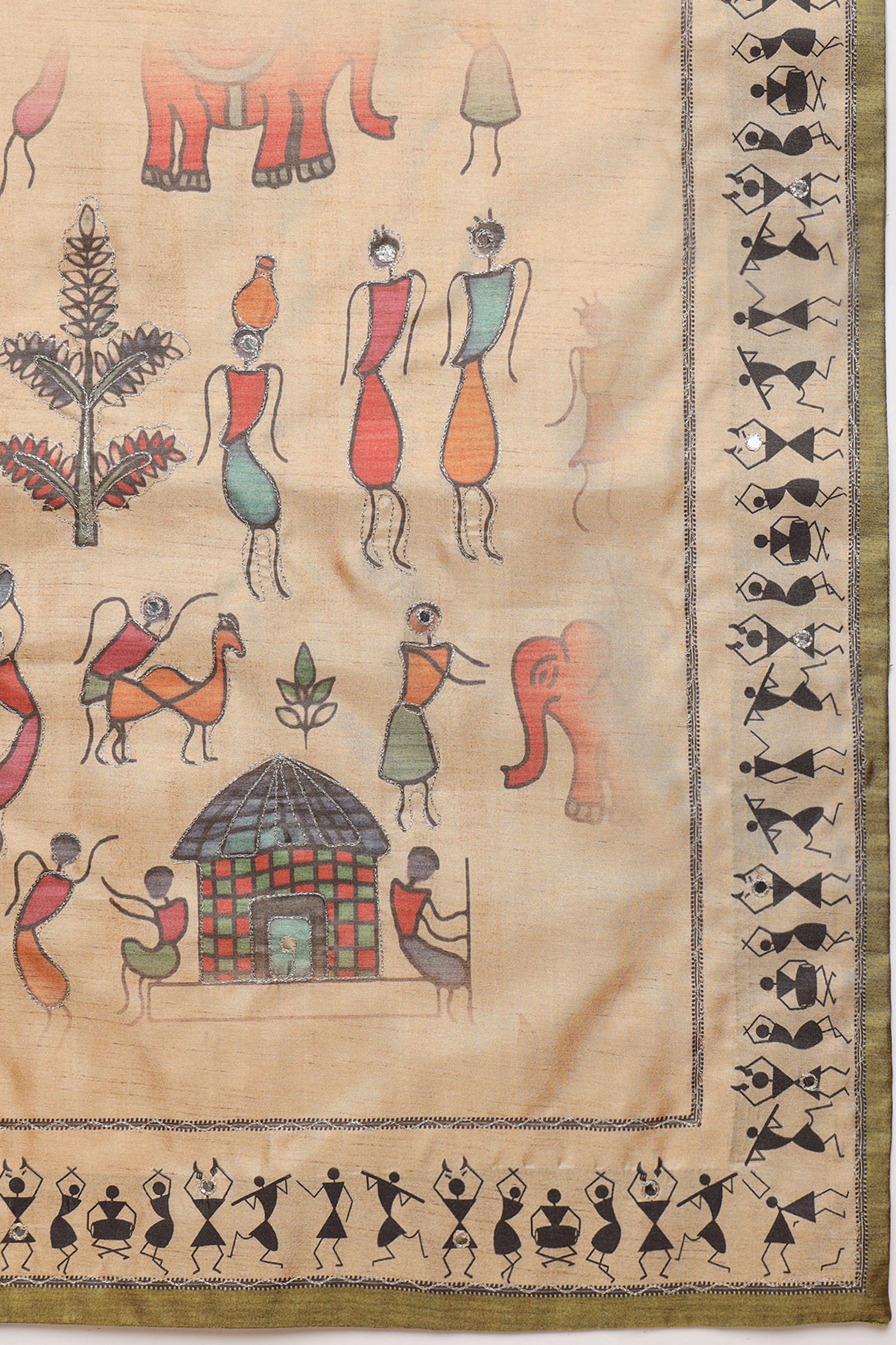 Green Traditional Warli Motifs Cotton Silk Saree Lightweight Ethnic Elegance