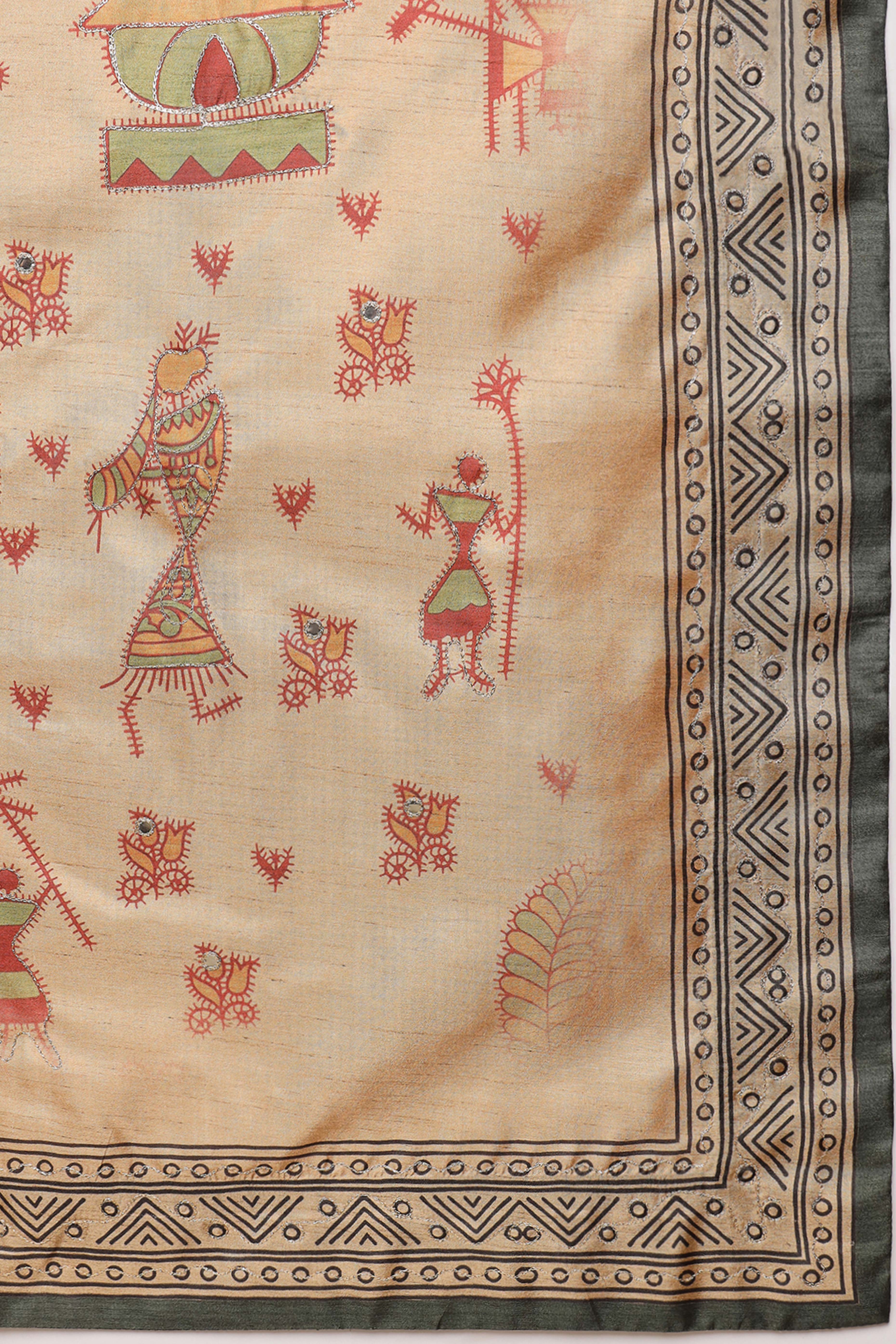 Greyish Green Warli Folk Art Printed Cotton Silk Saree Flowy Drape Festive Wear