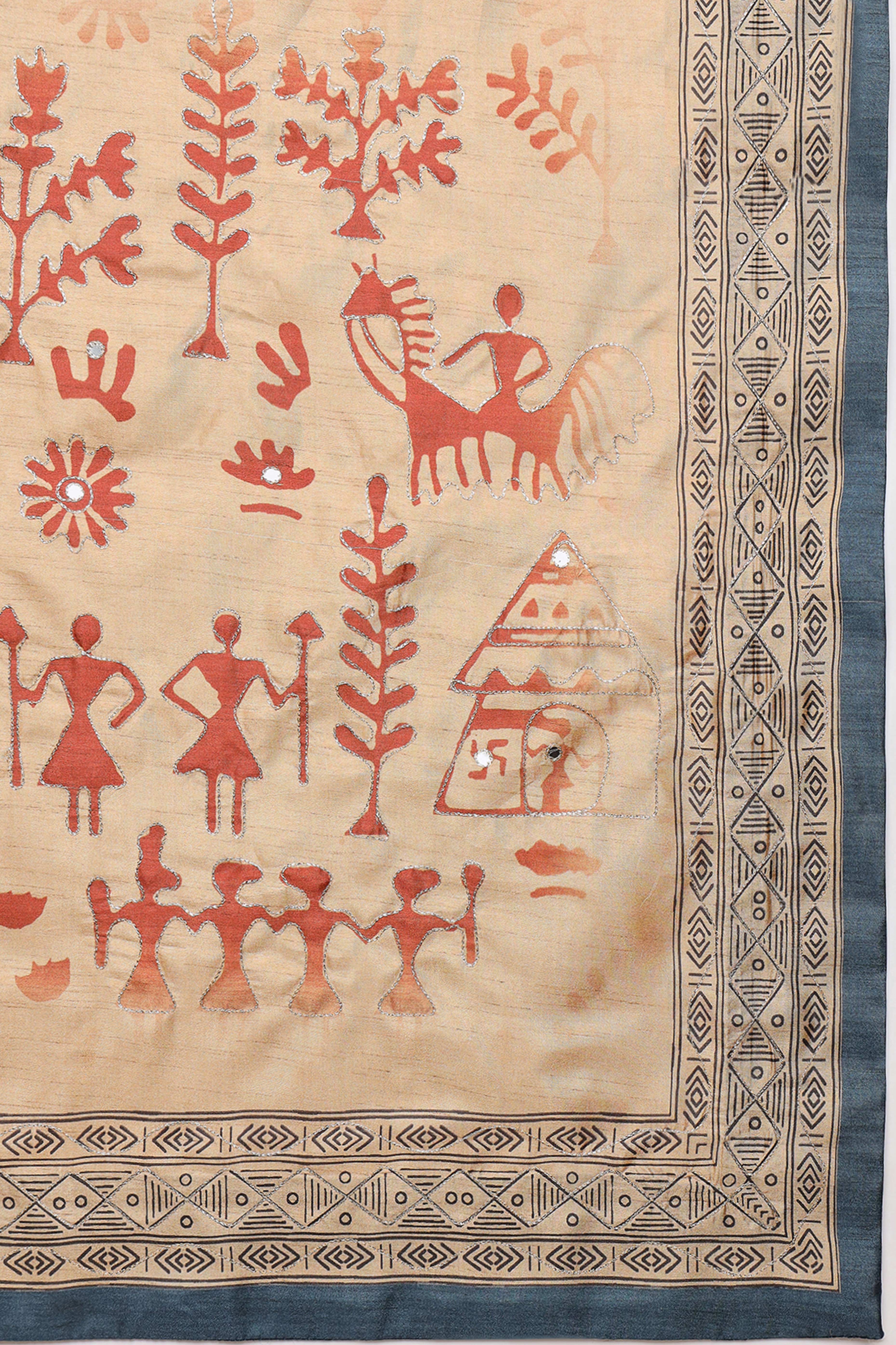 Blue Warli Folk Art Printed Cotton Silk Saree Flowy Drape Festive Wear