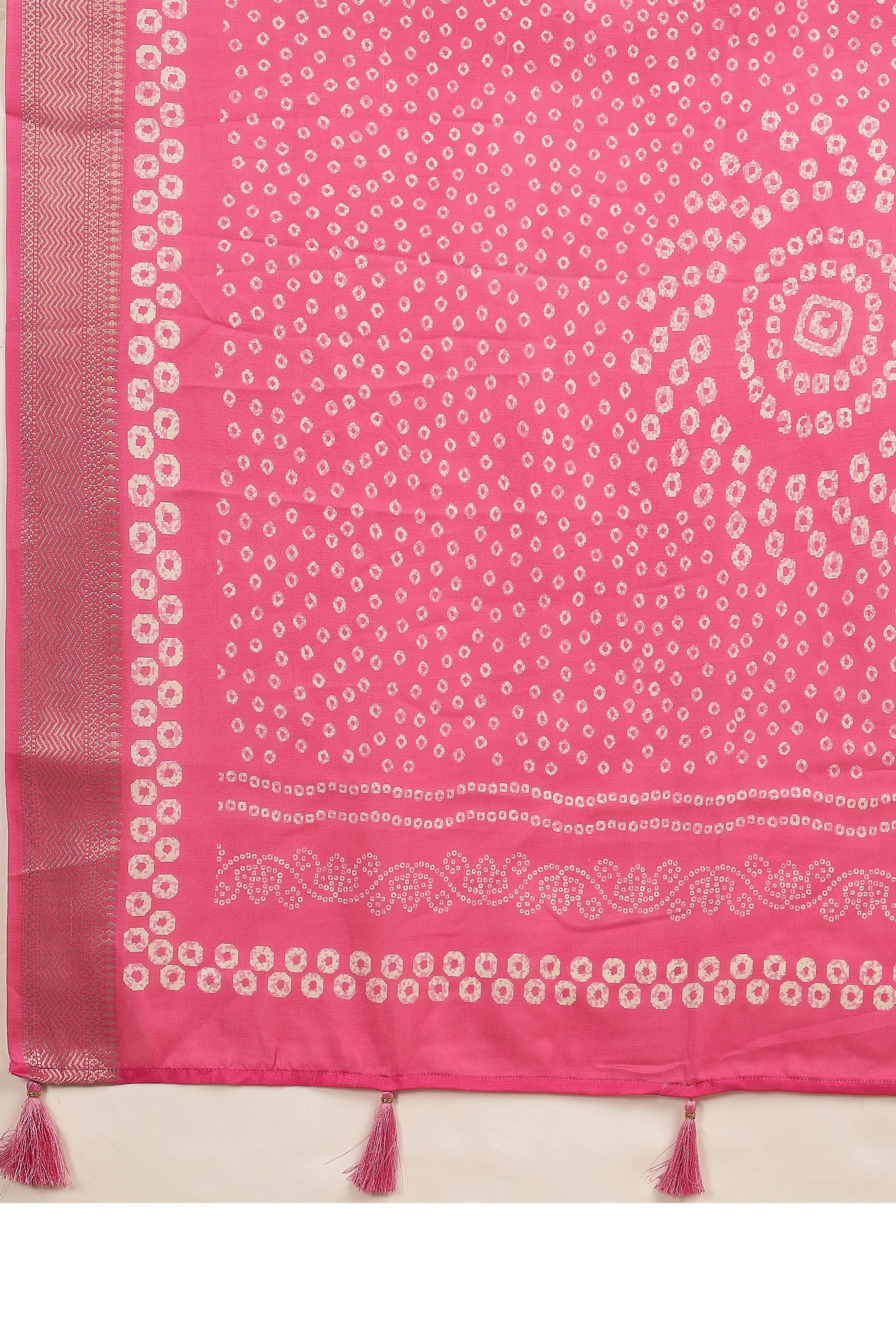 Luxury Green & Pink Bandhani Print Cotton Silk Saree Featuring Weaving Border & Tassel Pallu