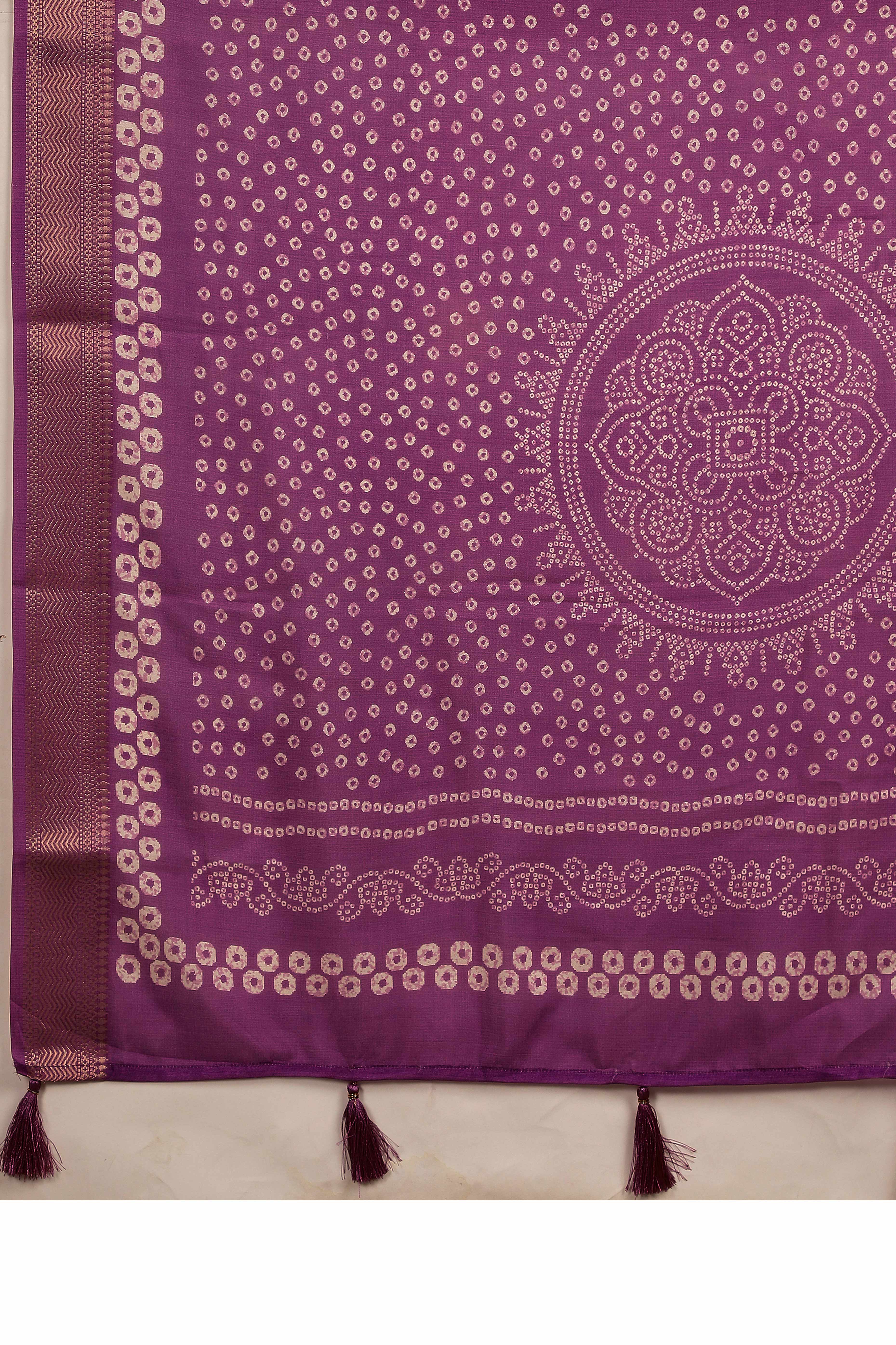 Luxury Blue & Purple Bandhani Print Cotton Silk Saree Featuring Weaving Border & Tassel Pallu