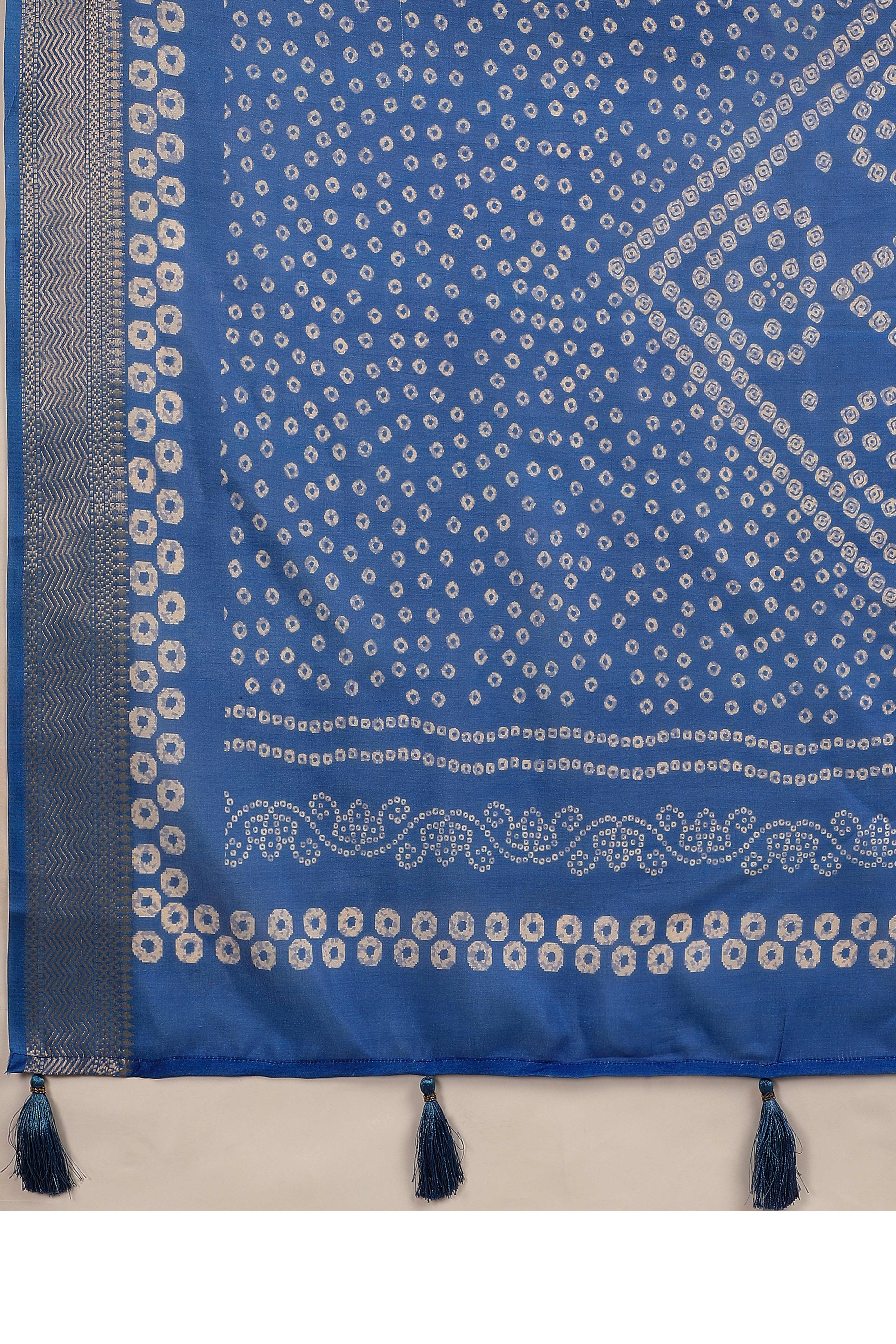 Luxury Blue Bandhani Print Cotton Silk Saree Featuring Weaving Border & Tassel Pallu