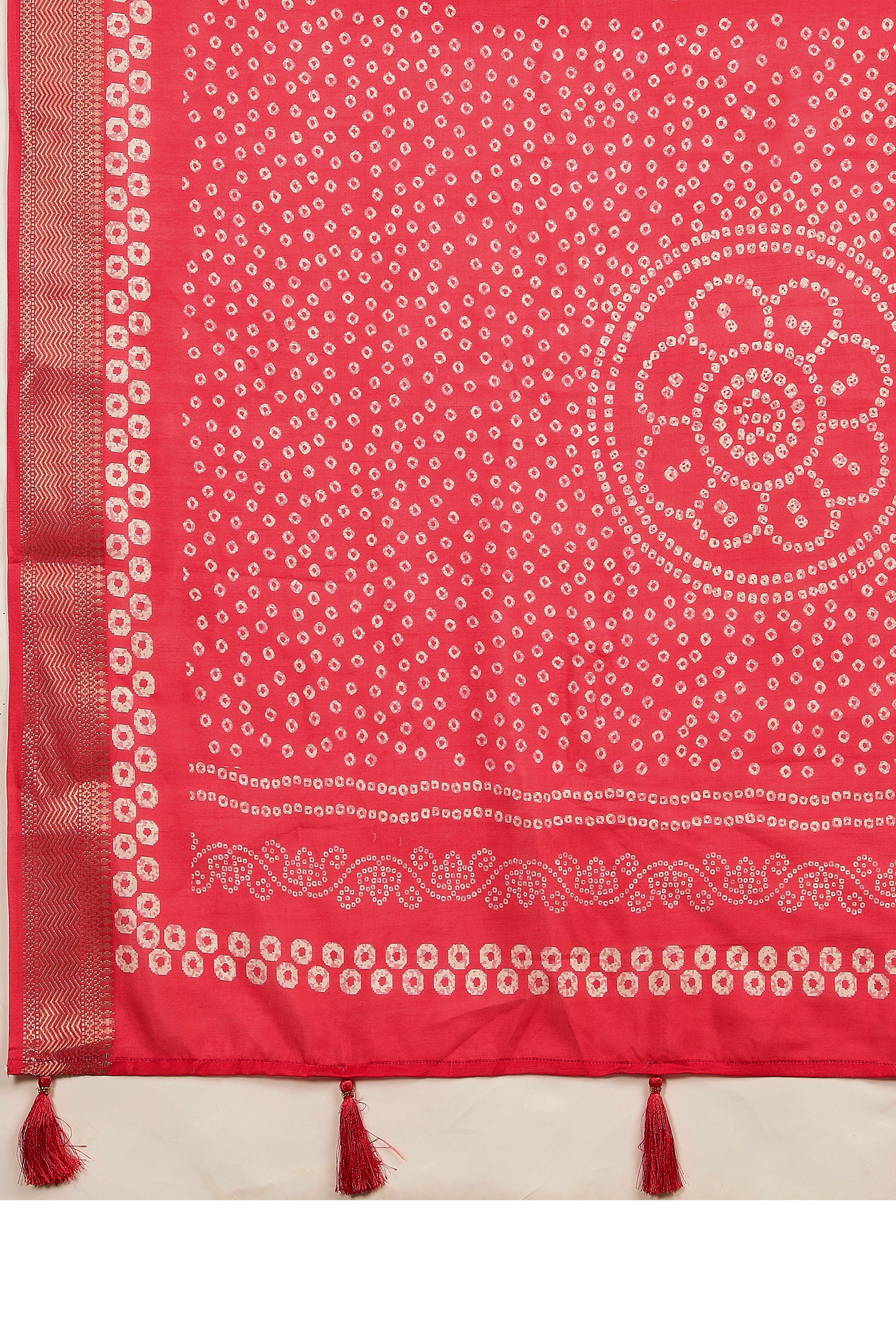 Luxury Lemon Yellow & Red Bandhani Print Cotton Silk Saree Featuring Weaving Border & Tassel Pallu