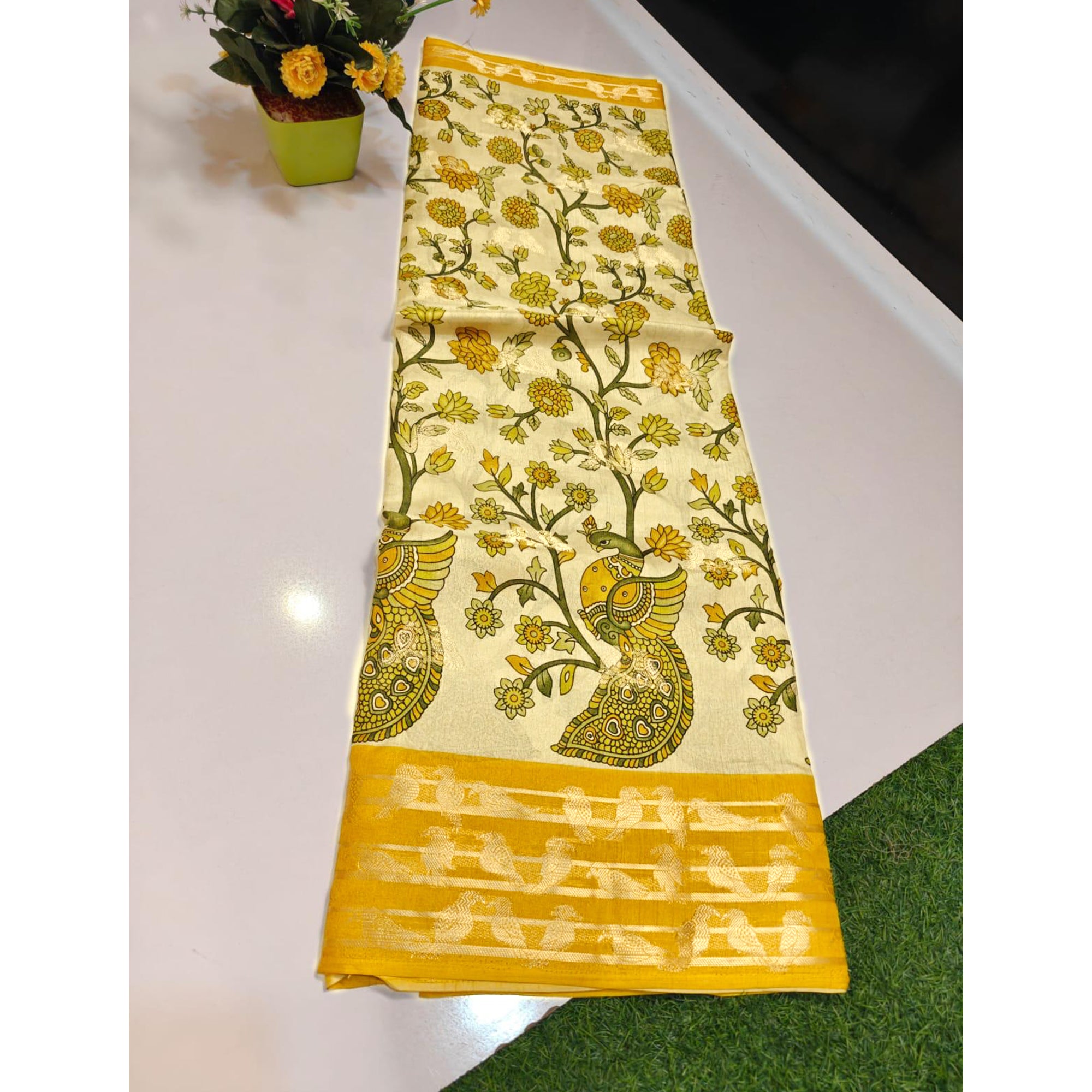 Elegant Cream & Yellow Cotton Blend Saree Adorned With Vibrant Peacock Floral Print