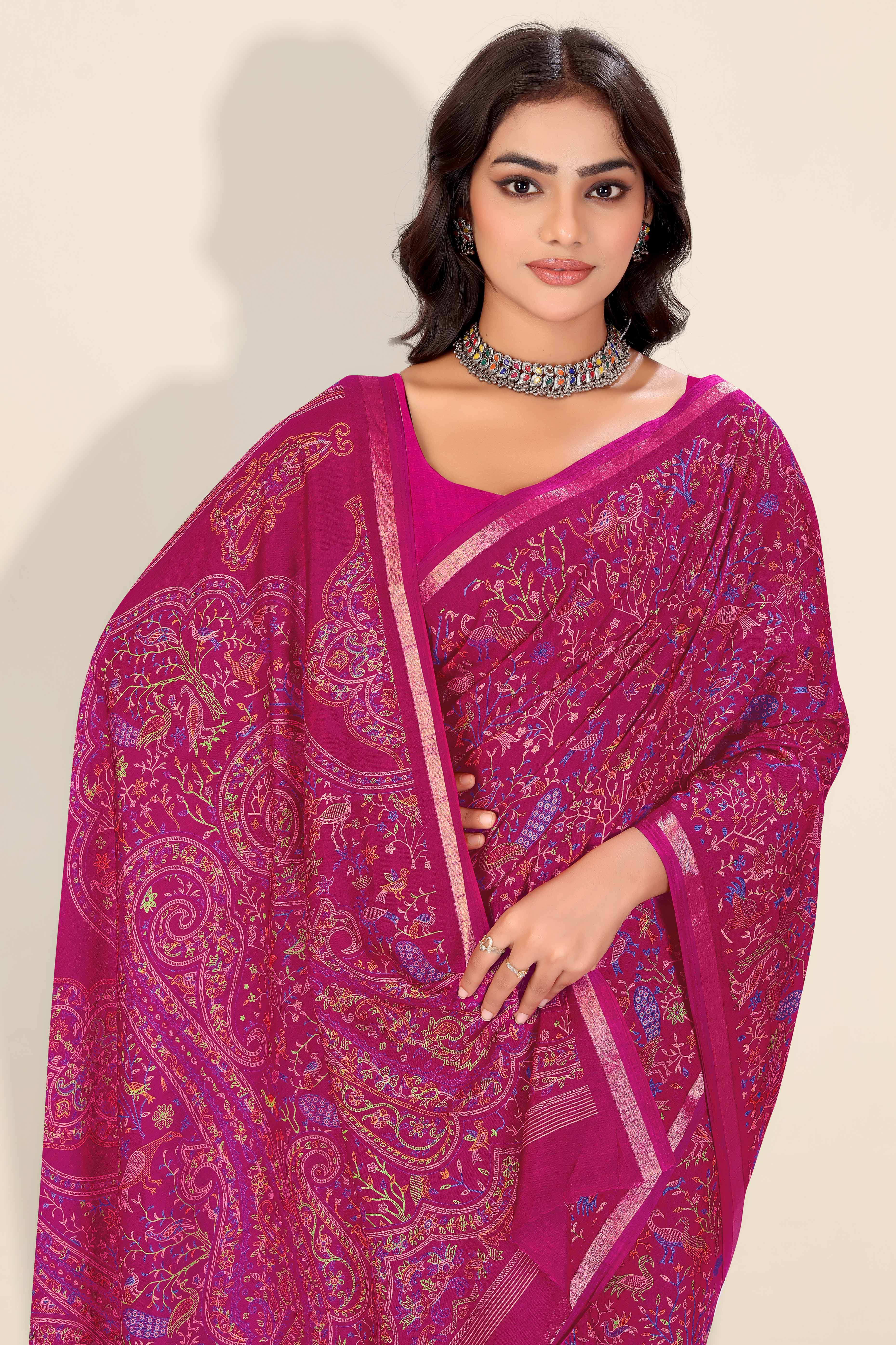 Dark Magenta Tussar Silk Blend Saree with Intricate Floral & Bird Kashmiri Print & Zari Border