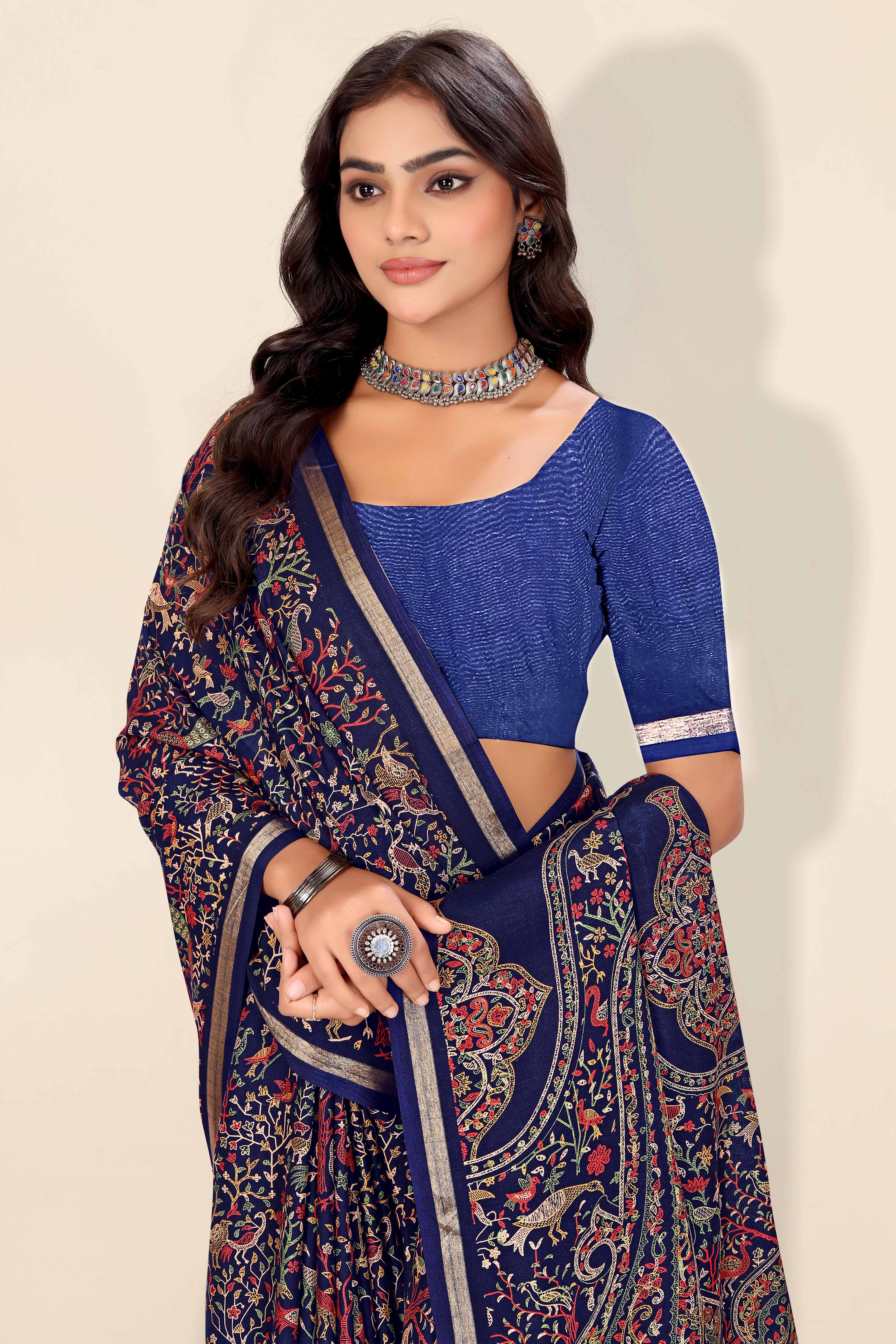 Navy Blue Tussar Silk Blend Saree with Intricate Floral & Bird Kashmiri Print & Elegant Zari Border