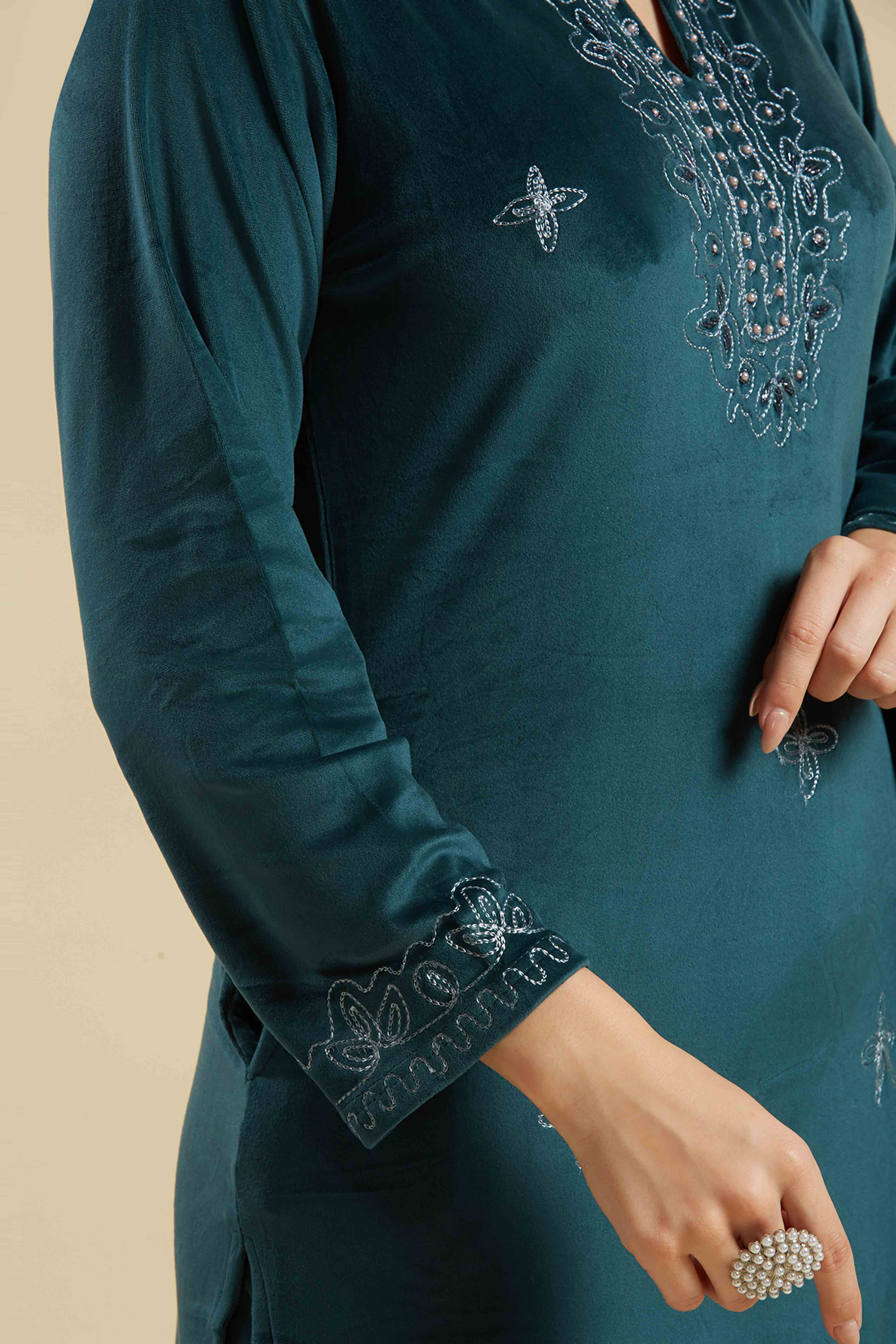 Rama Blue Embroidered Velvet Straight Salwar Suit