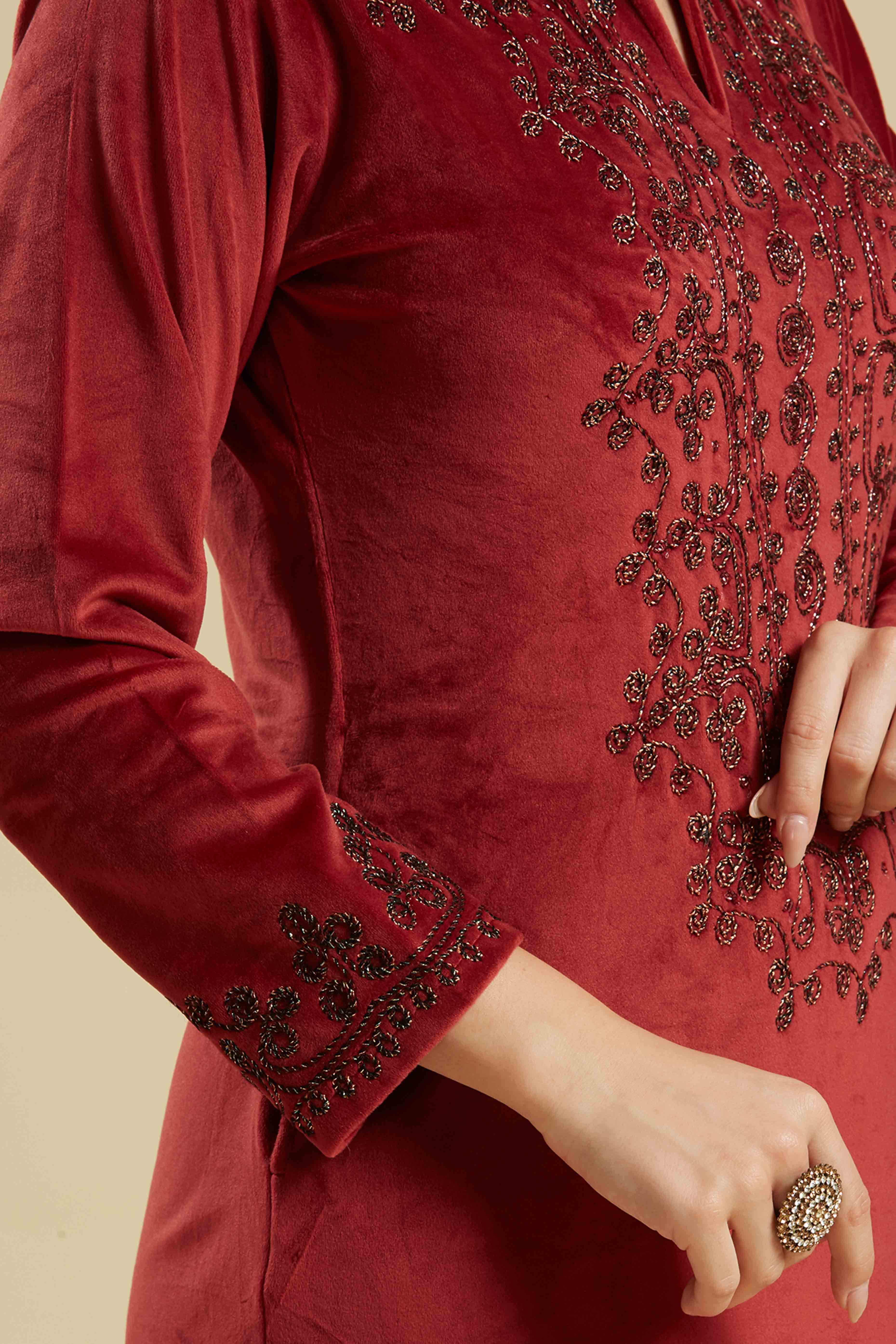 Wine Embroidered Velvet Straight Salwar Suit