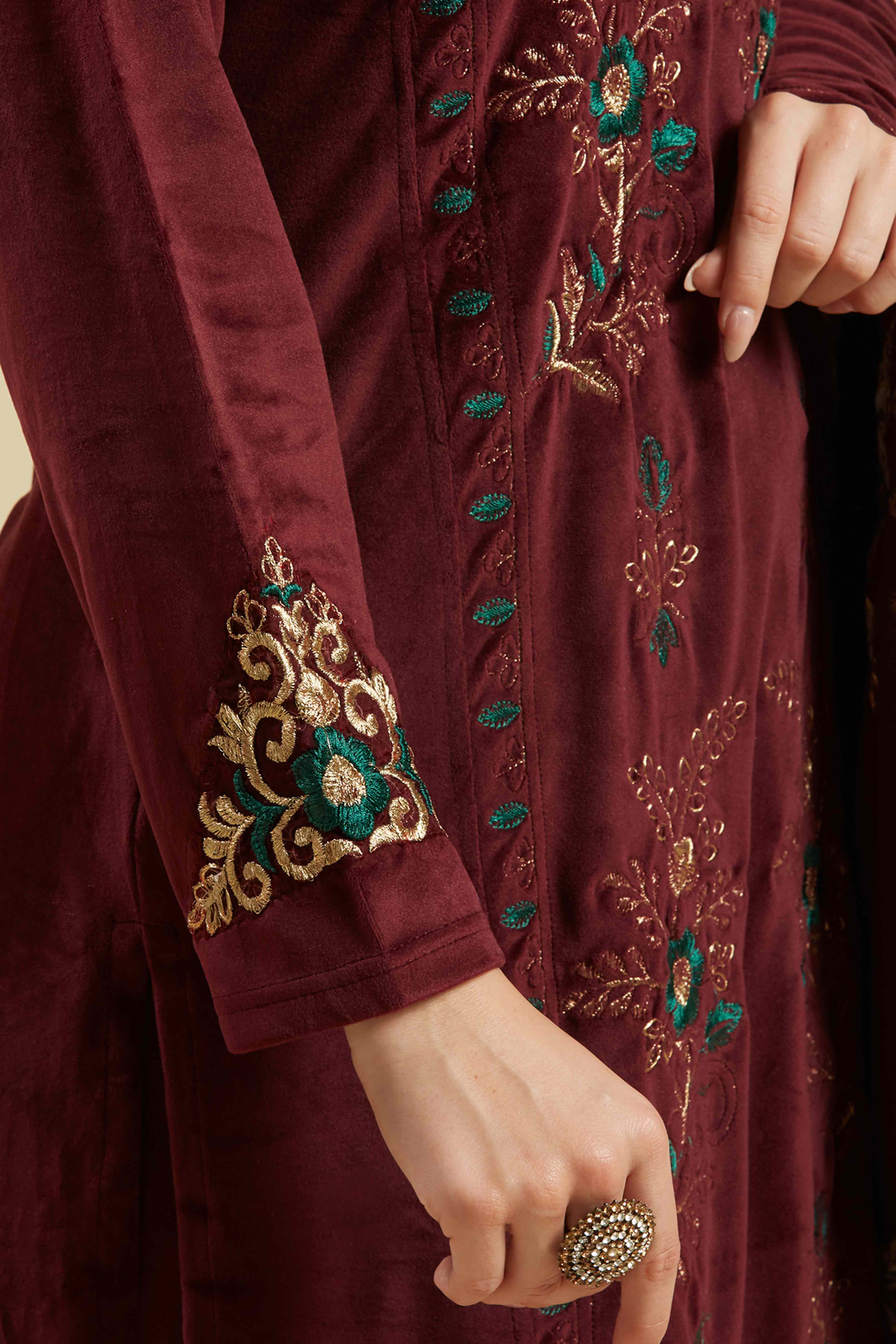 Wine Embroidered Velvet Straight Salwar Suit