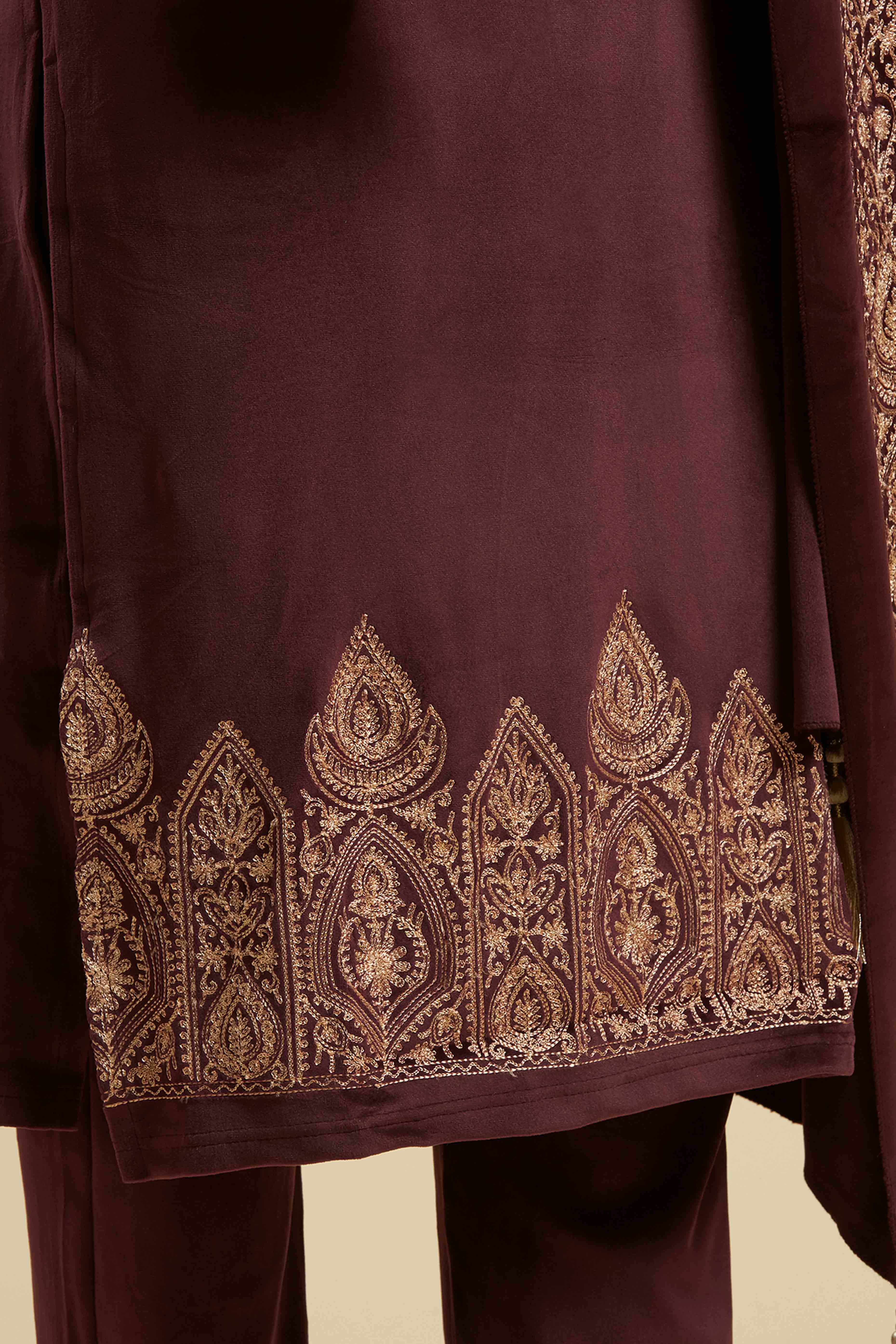 Wine Embroidered Velvet Straight Salwar Suit