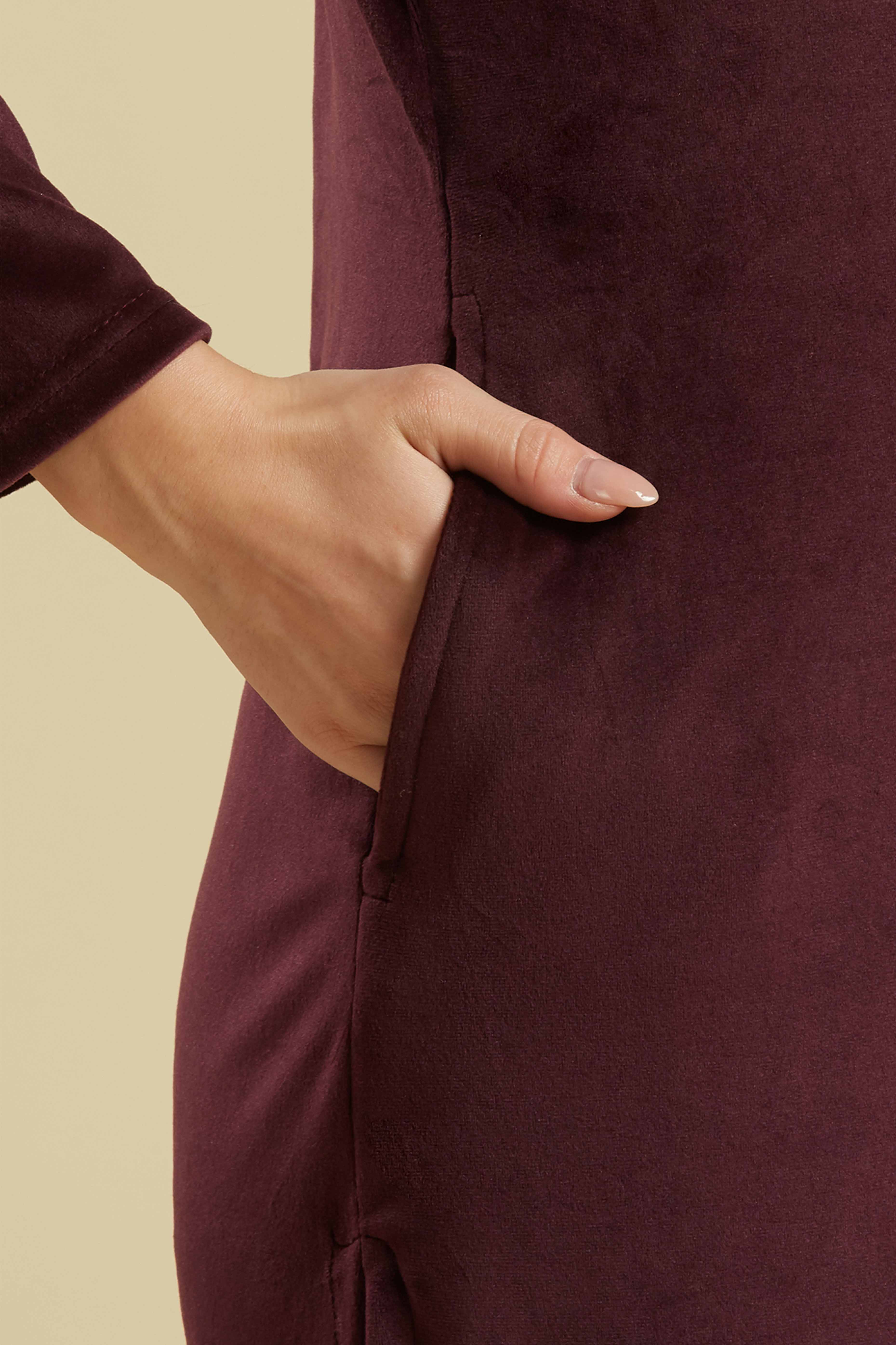 Wine Embroidered Velvet Straight Salwar Suit