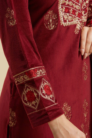 Maroon Embroidered Velvet Straight Salwar Suit