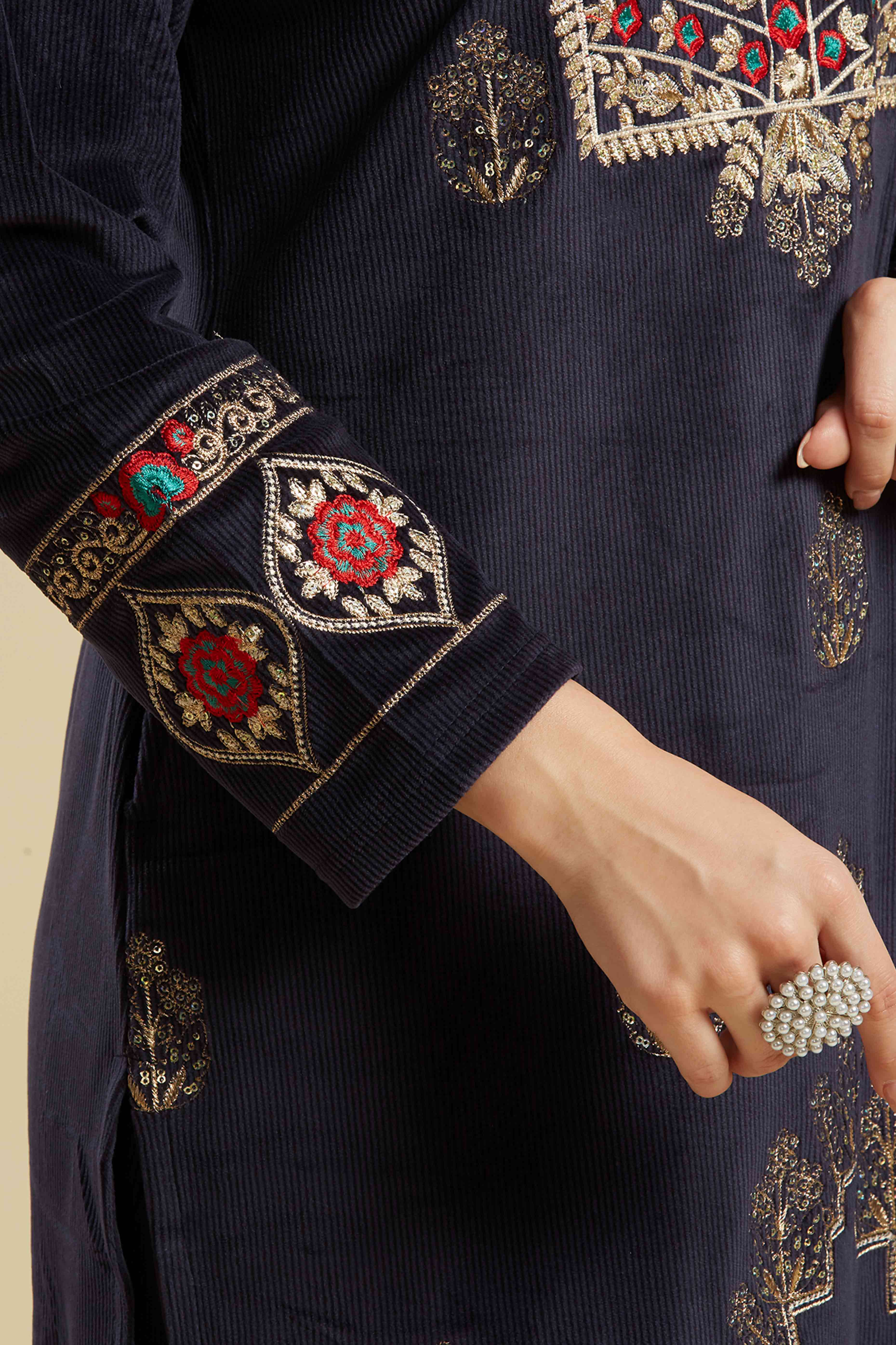 Navy Blue Embroidered Velvet Straight Salwar Suit