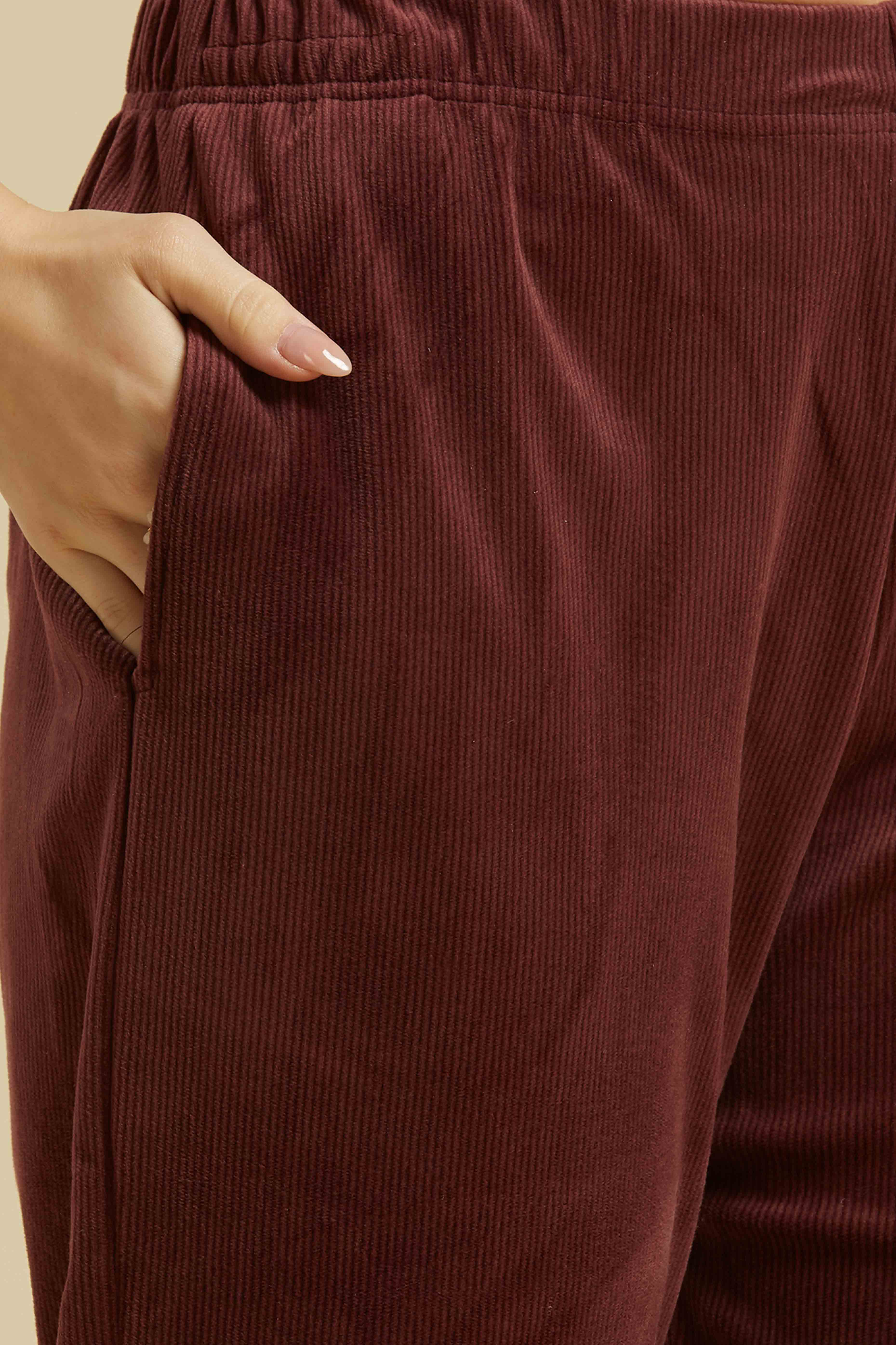 Brown Embroidered Velvet A-Line Top Bottom Set