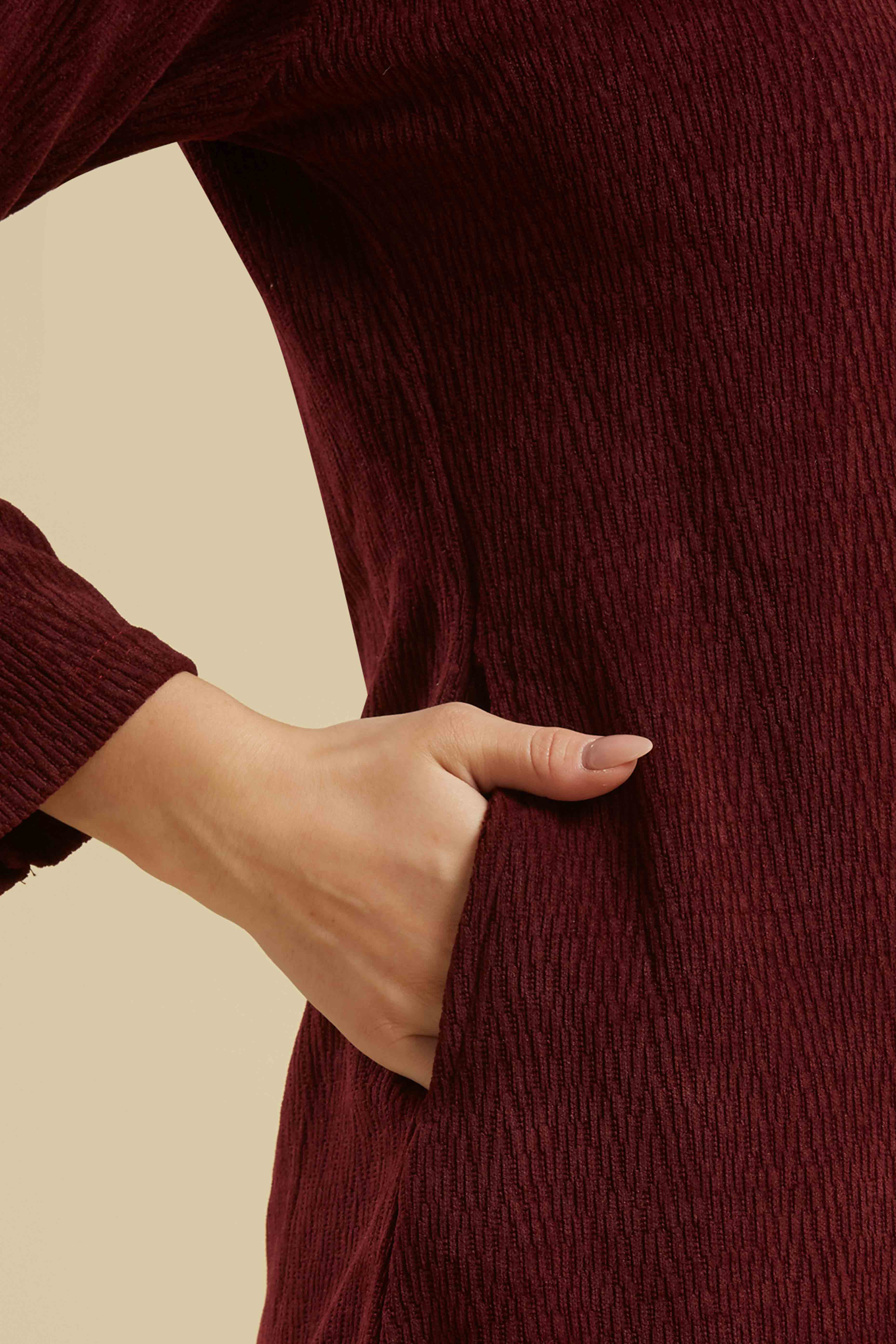 Maroon Woven Woolen A-Line Top Bottom Set