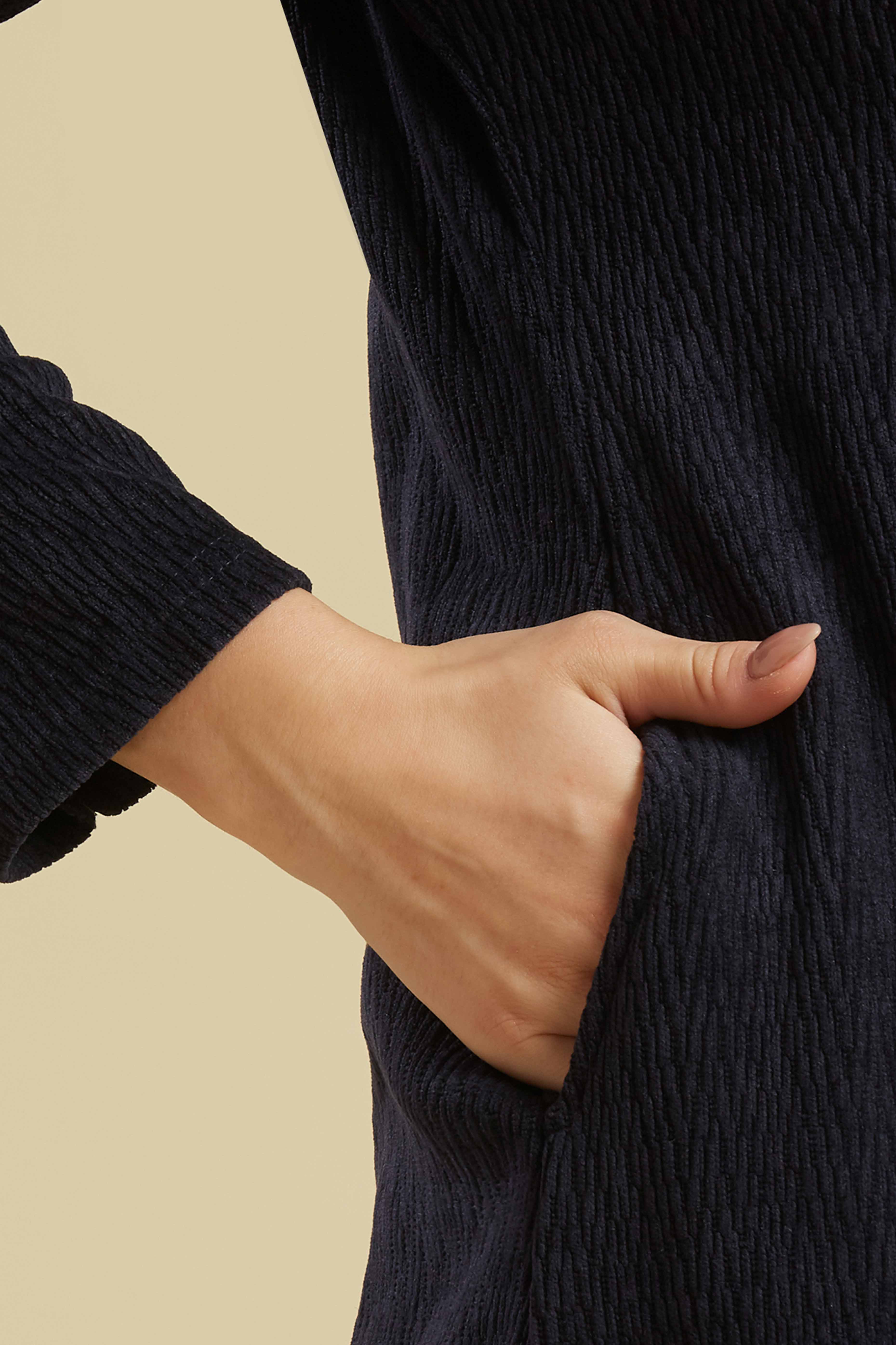 Navy Blue Woven Woolen A-Line Top Bottom Set