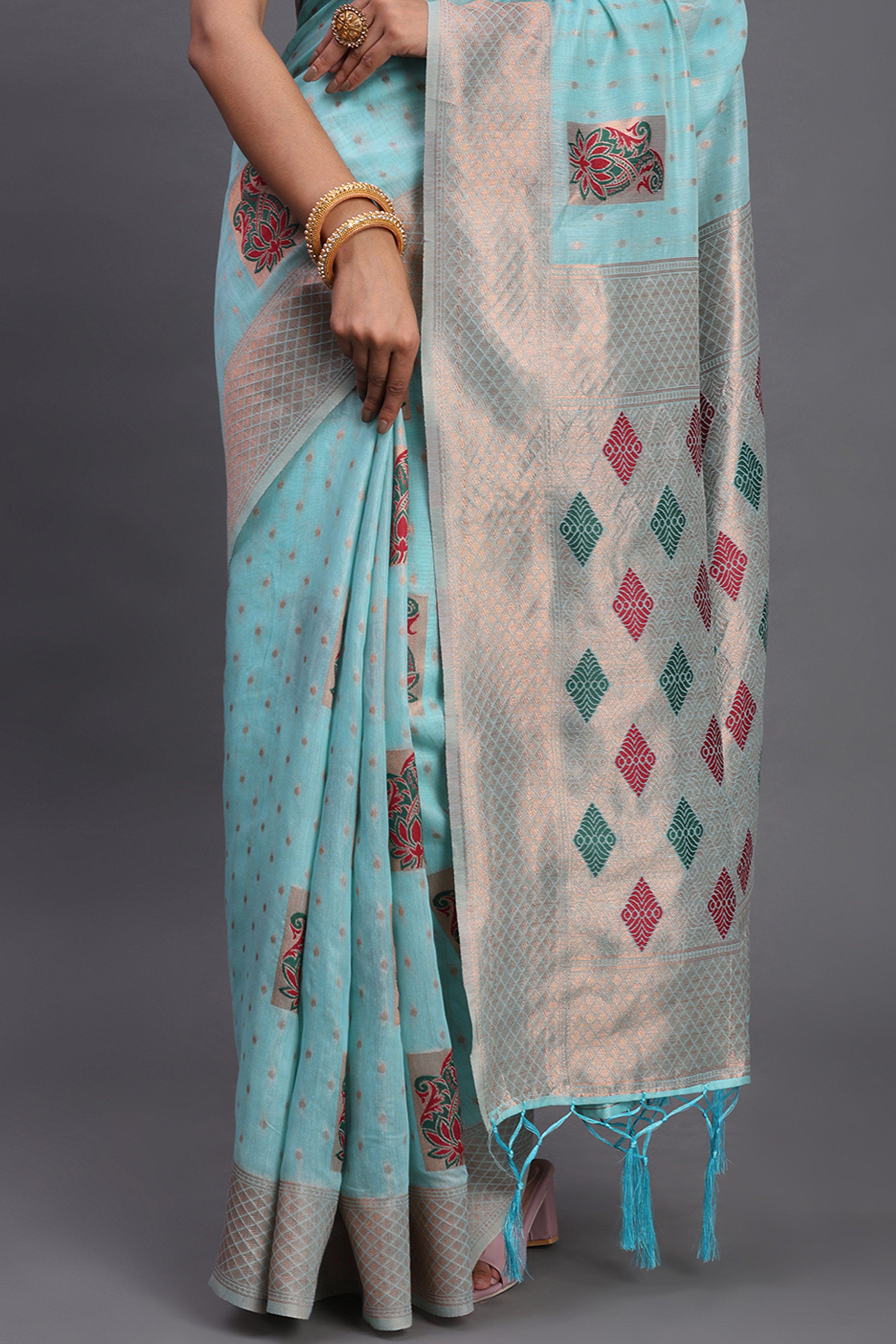 Stylish Sky Blue Floral Zari Weaving Linen Cotton Saree With Graceful Tassel Pallu