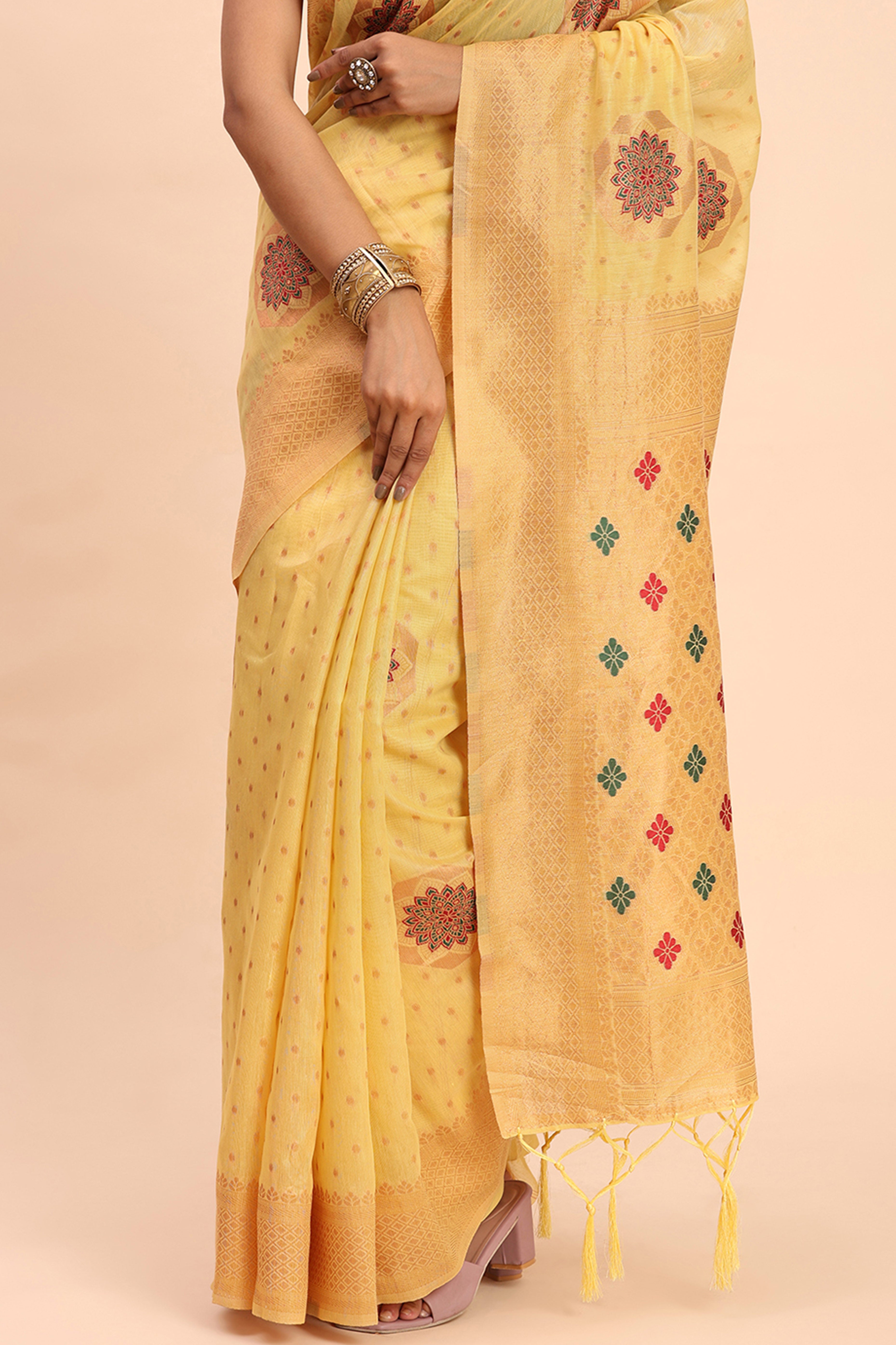 Stylish Yellow Floral Zari Weaving Linen Cotton Saree With Graceful Tassel Pallu