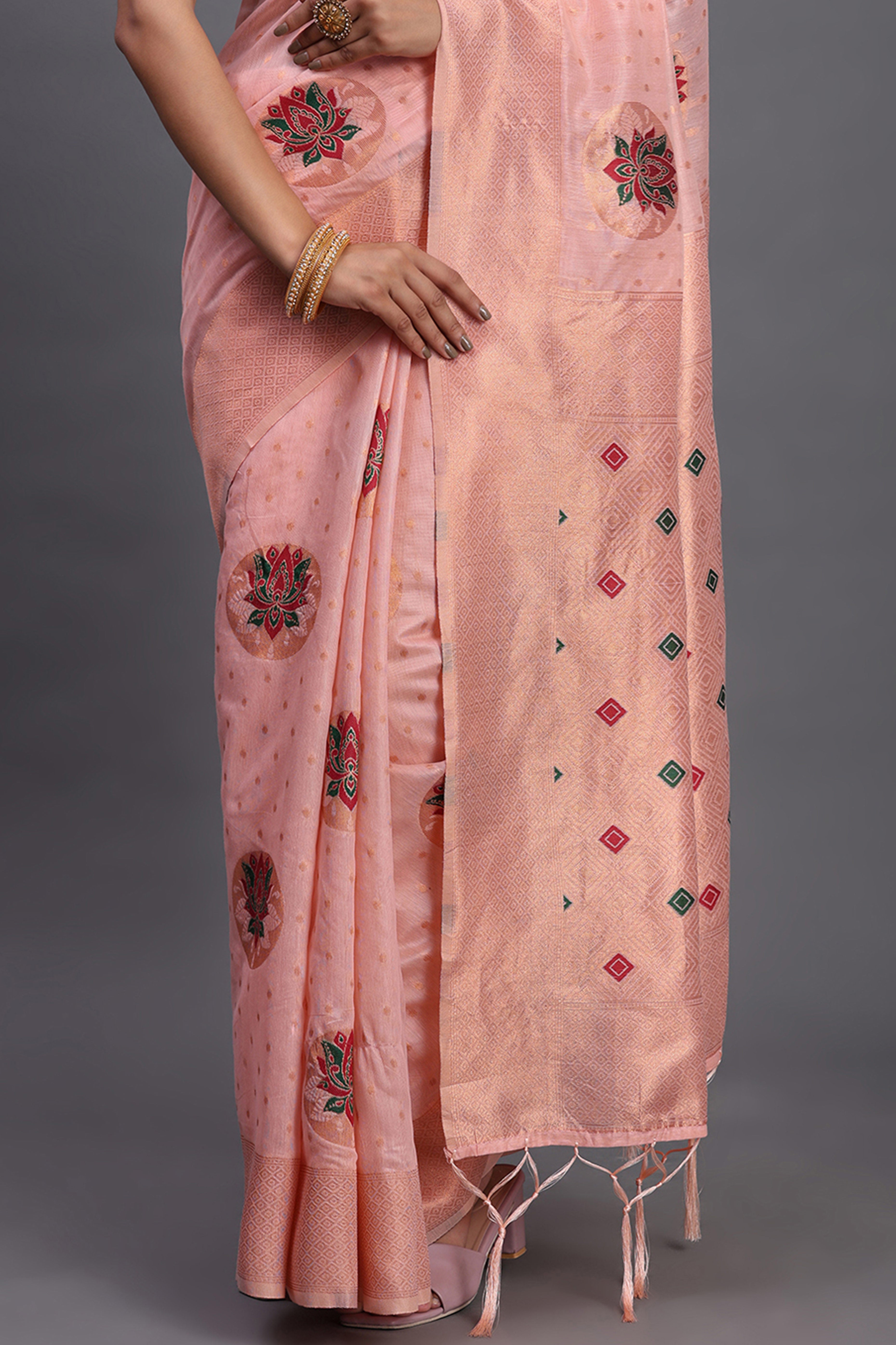 Stylish Light Pink Floral Zari Weaving Linen Cotton Saree With Graceful Tassel Pallu