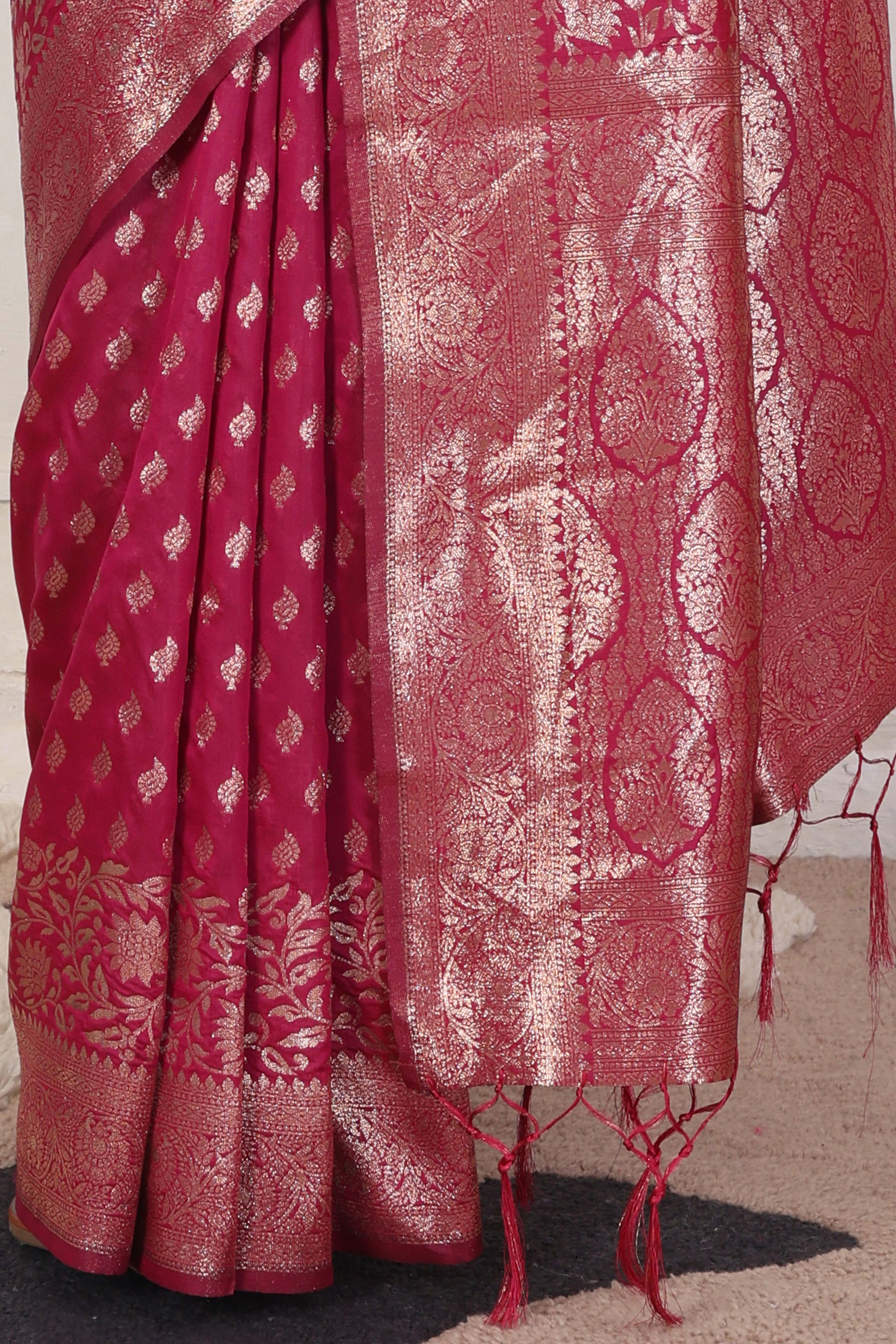 Pink Traditional Lichi Silk Blend Saree Enhanced With Floral Zari Weaving & Tassel Pallu