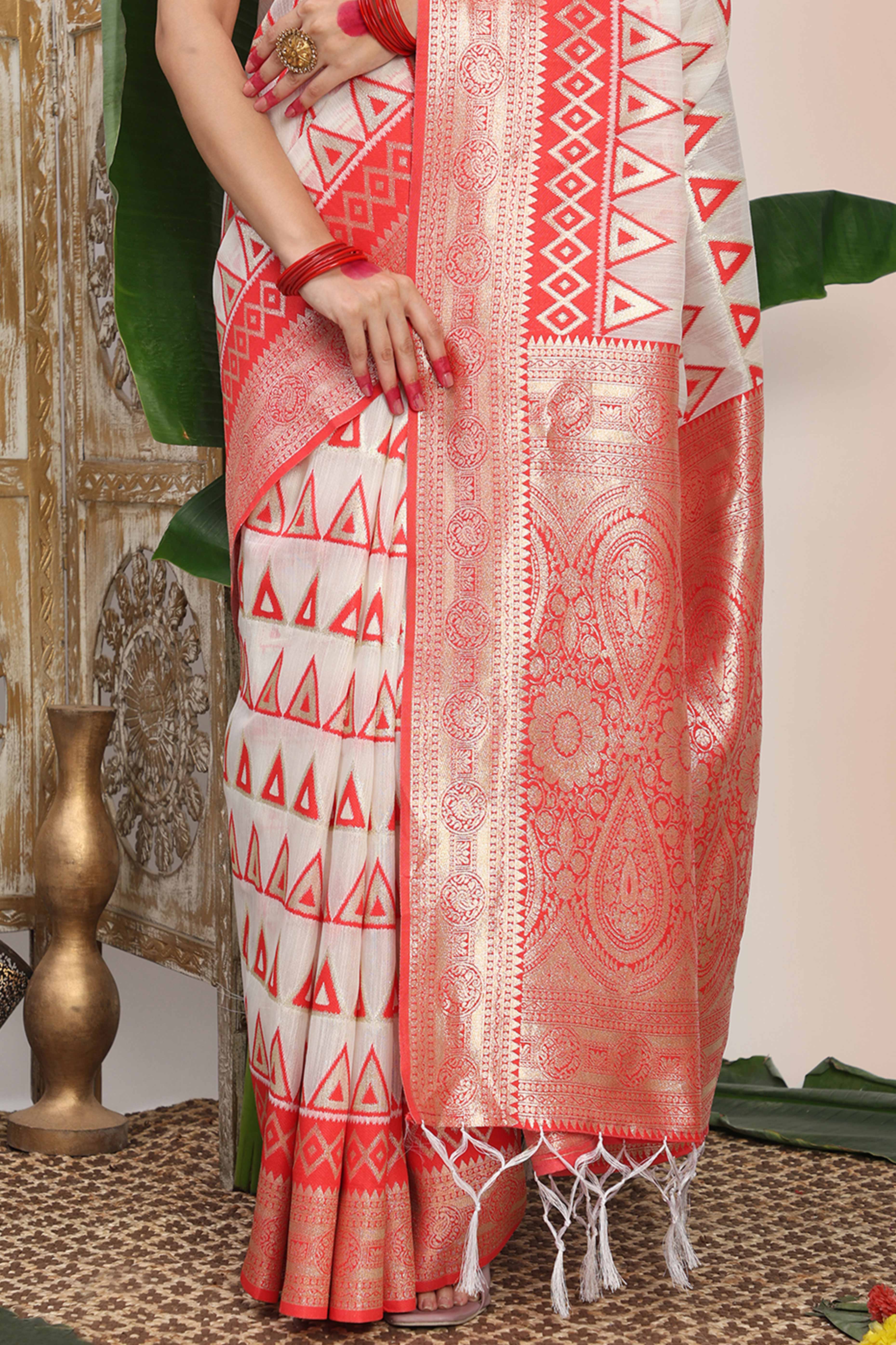 Traditional White & Red Linen Cotton Saree With Intricate Zari Weaving Work And Tassel Pallu