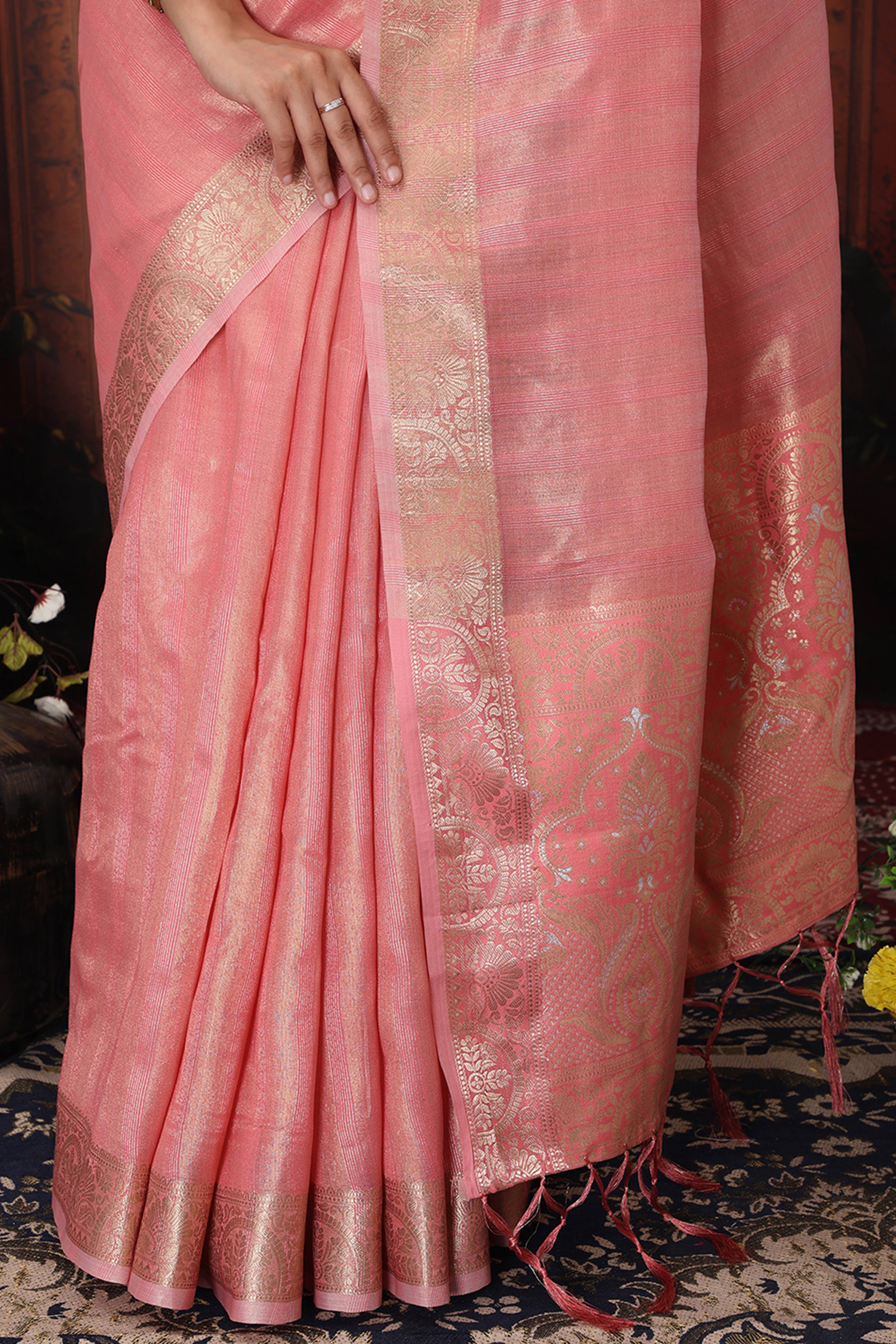 Blush Pink Organza Saree Adorned With Floral Zari Weaving & Graceful Tassel Pallu