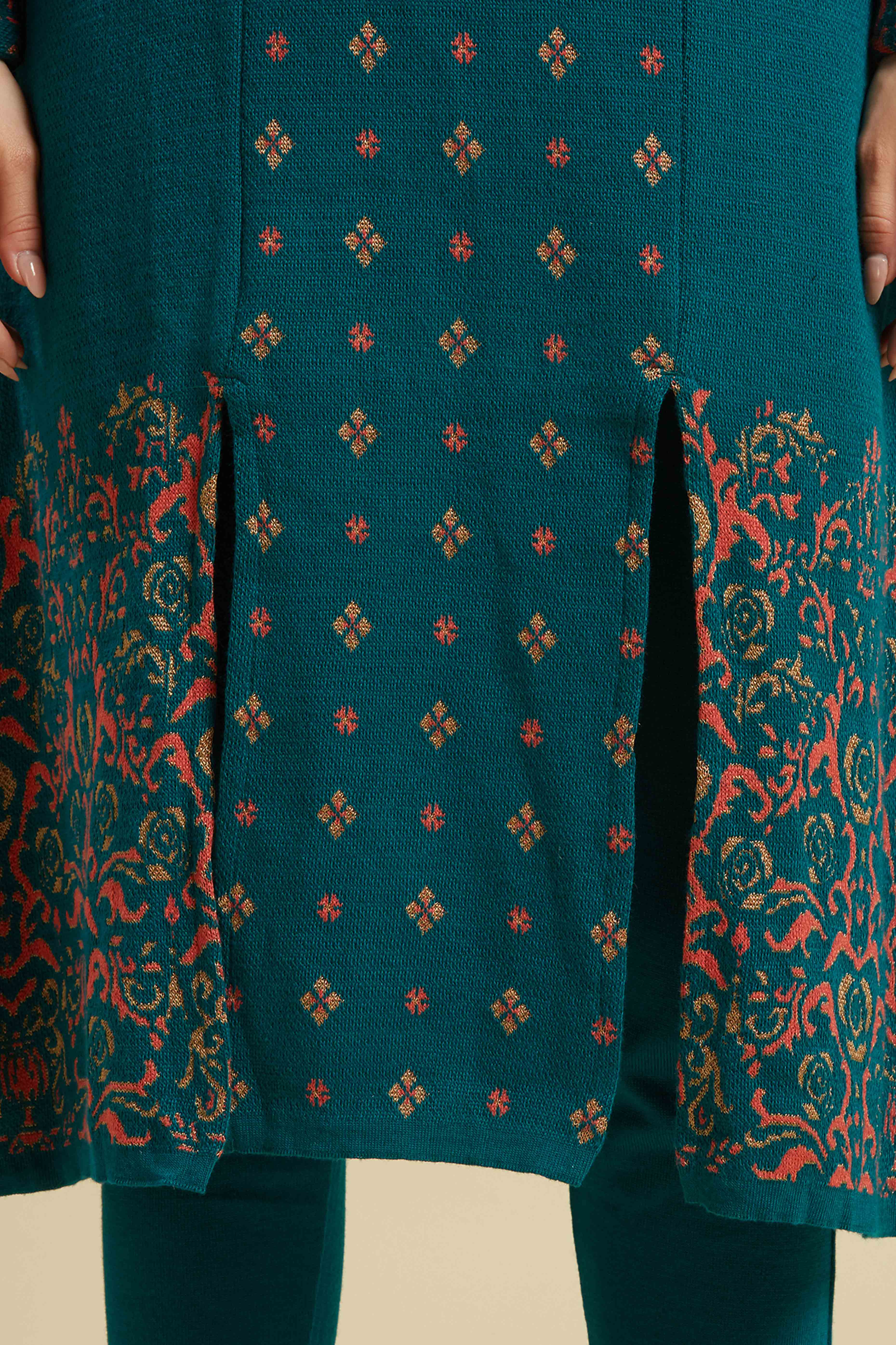 Teal Floral Woolen Top Bottom Set